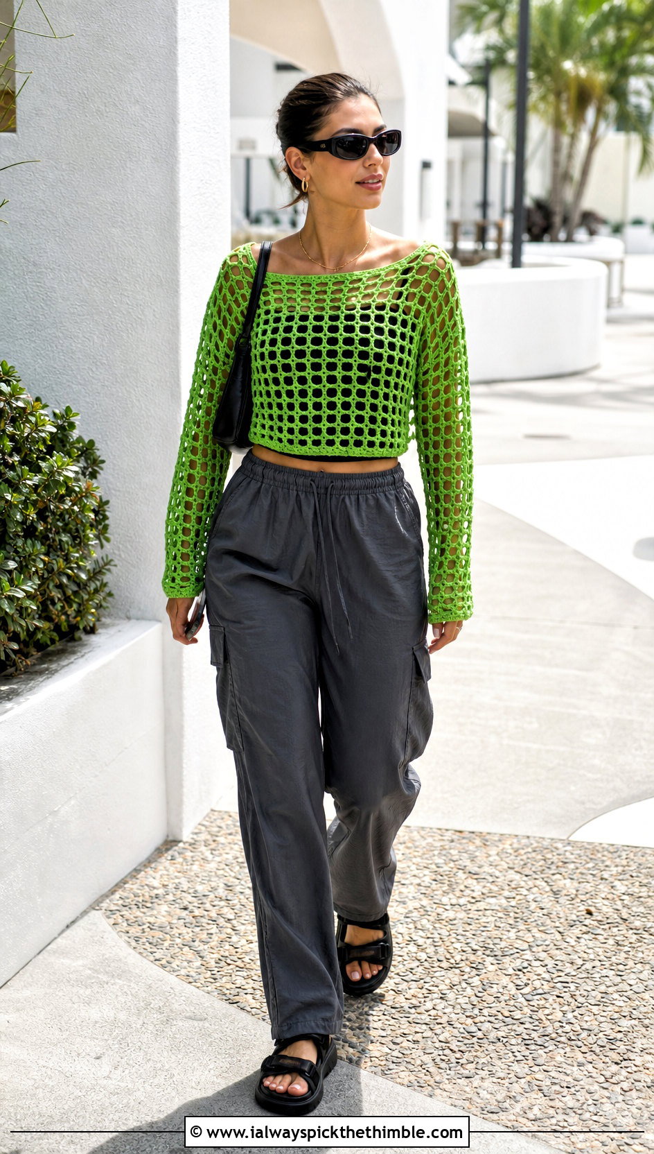 Crochet Mesh Top With Cargo Pants - 25 crochet vacation outfit ideas