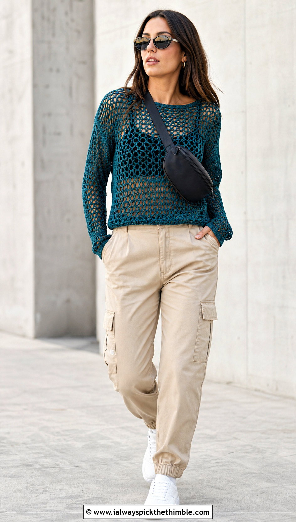 Crochet Mesh Top With Cargo Pants - 25 cute crochet outfits ideas