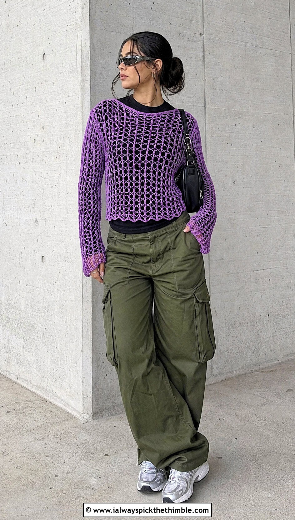 Crochet Mesh Top With Cargo Pants - 20 cute easy crochet tops outfit ideas