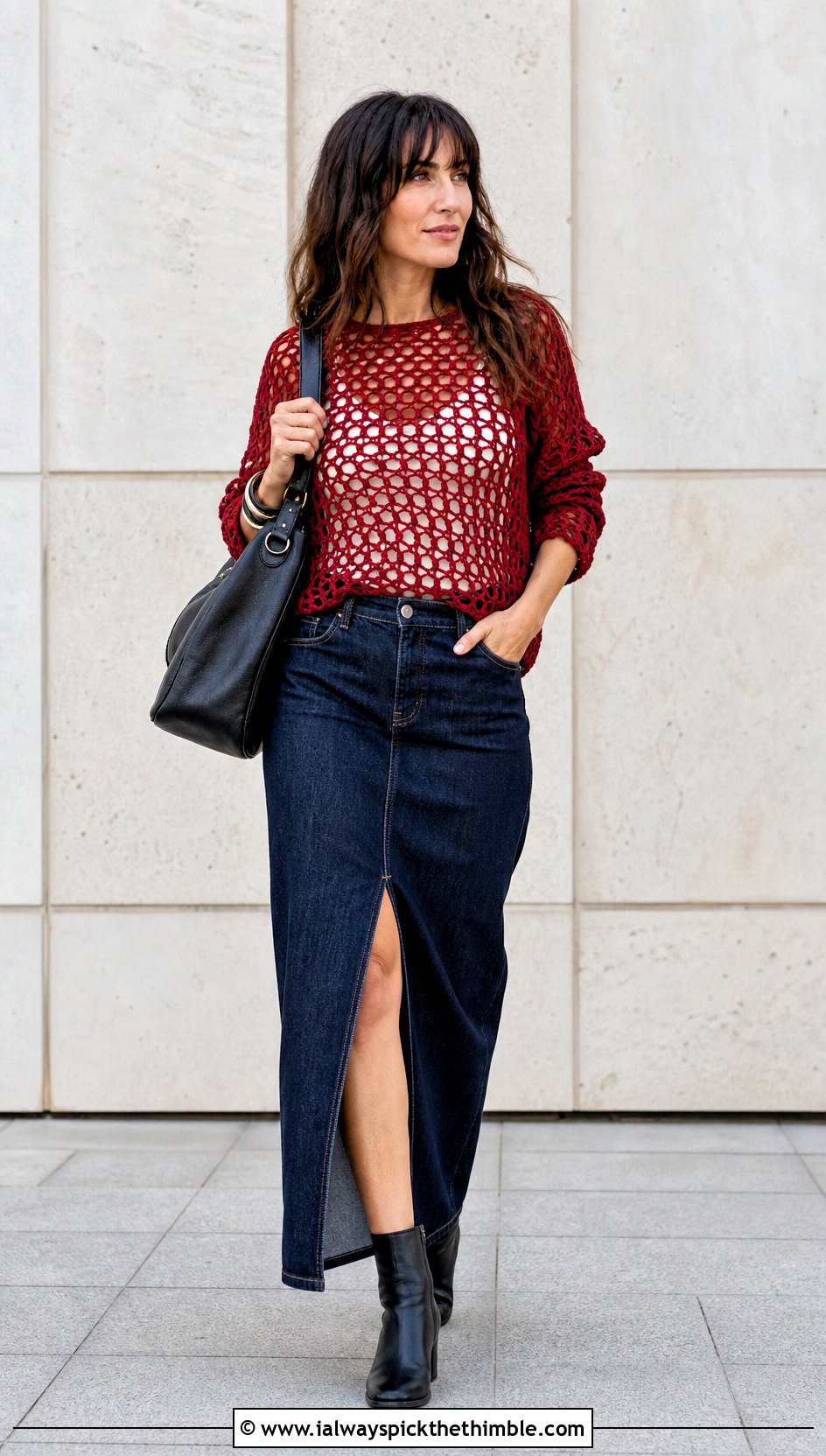 Crochet Mesh Top With Denim Maxi Skirt - 20 Crochet Top Small Chest outfit ideas