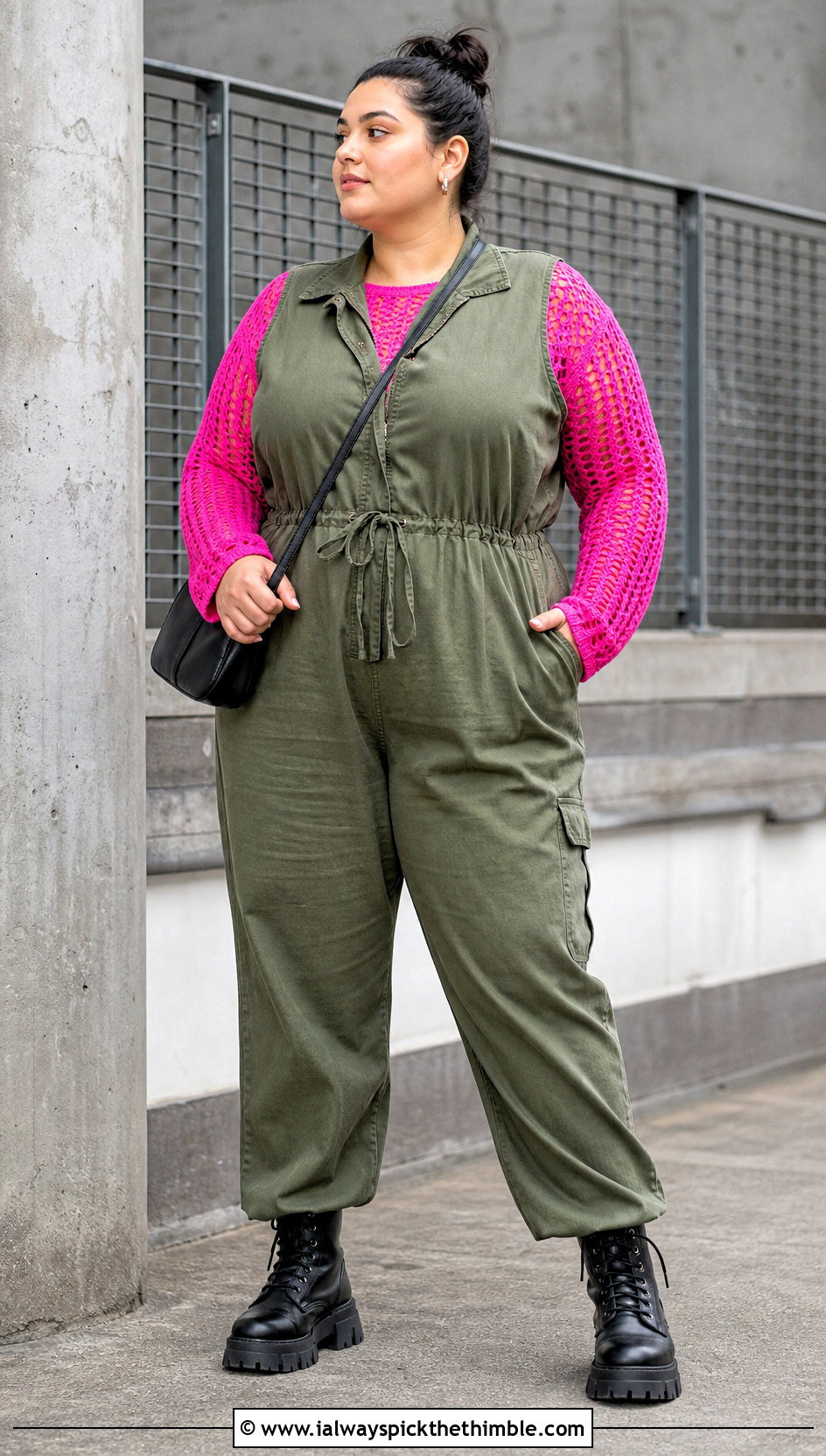 Crochet Mesh Top With Utility Jumpsuit - 25 plus size crochet outfit ideas