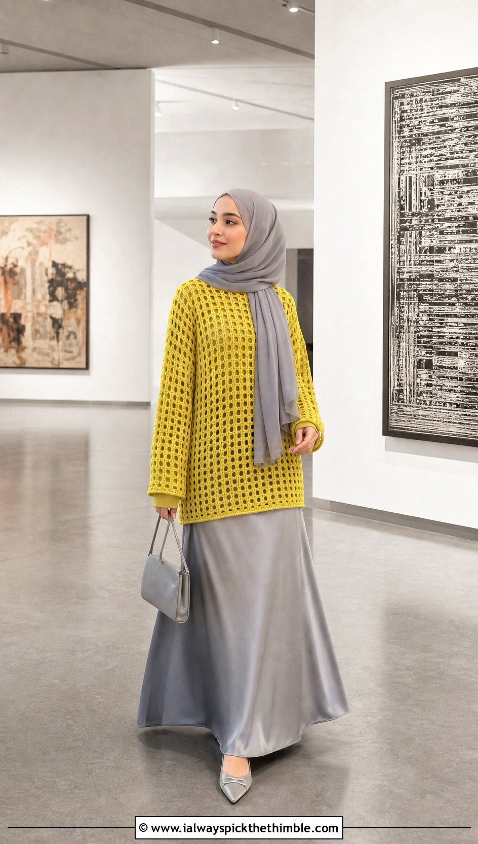 Crochet Mesh Tunic With Satin Maxi Skirt - 20 crochet top hijabi outfit ideas