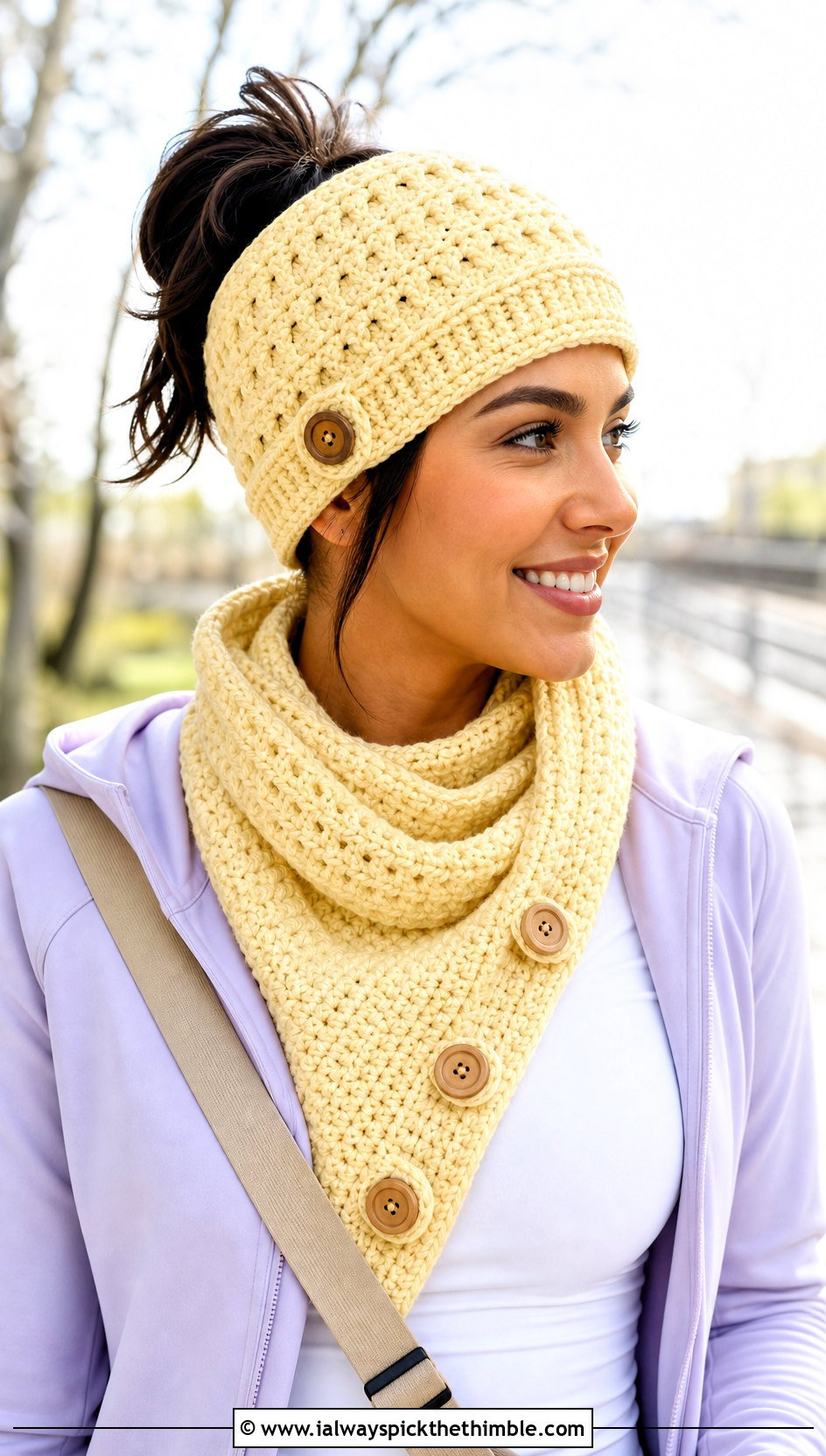 Crochet Messy Bun Beanie And Button Scarf With Hoodie - 20 crochet hat and scarf outfit ideas