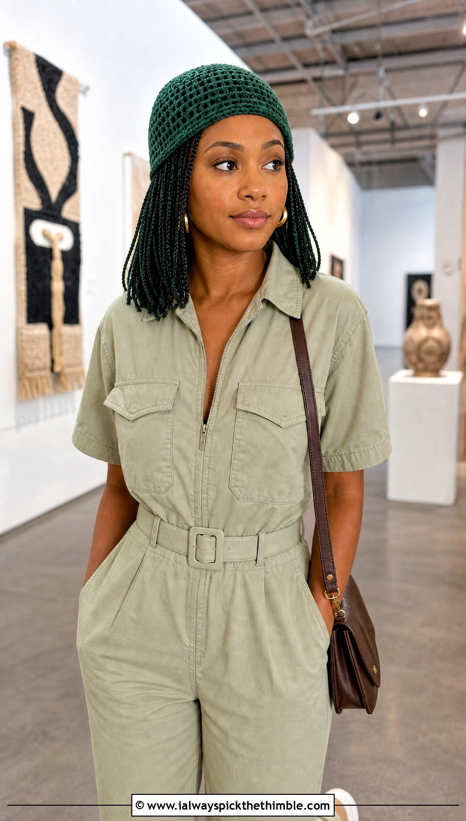 Crochet Micro Braid Wig Hat With Utility Jumpsuit And Sneakers - 20 Crochet Wig Hat outfit ideas