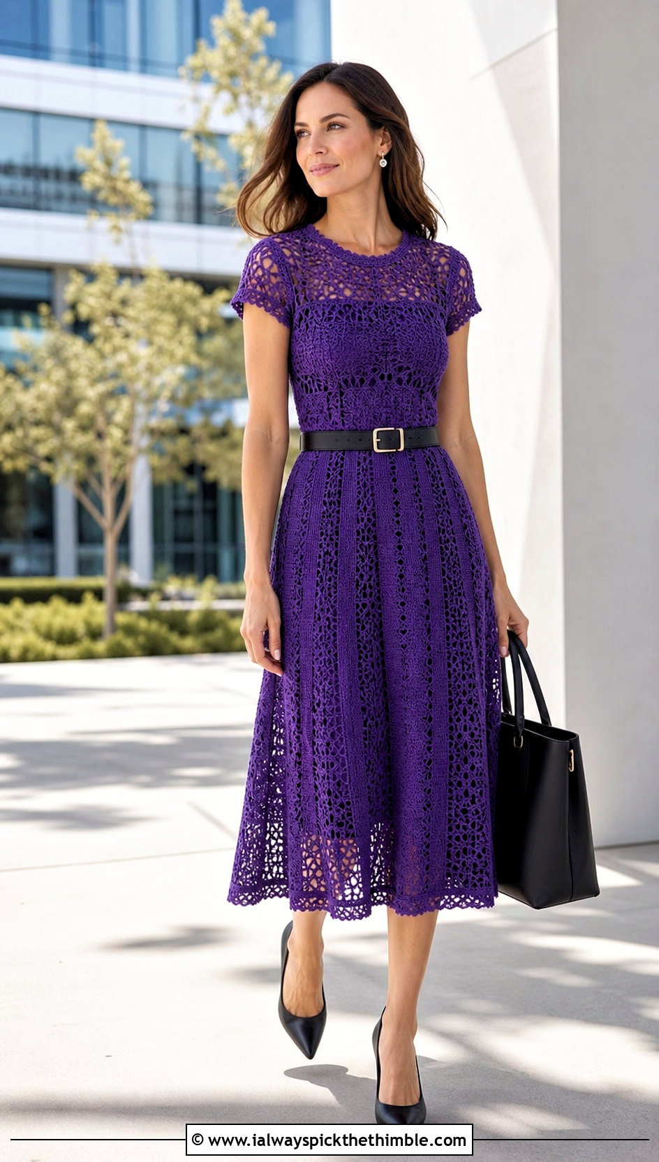 Crochet Midi Dress With Belt And Pumps - 20 Crochet Professional Clothes and outfit ideas