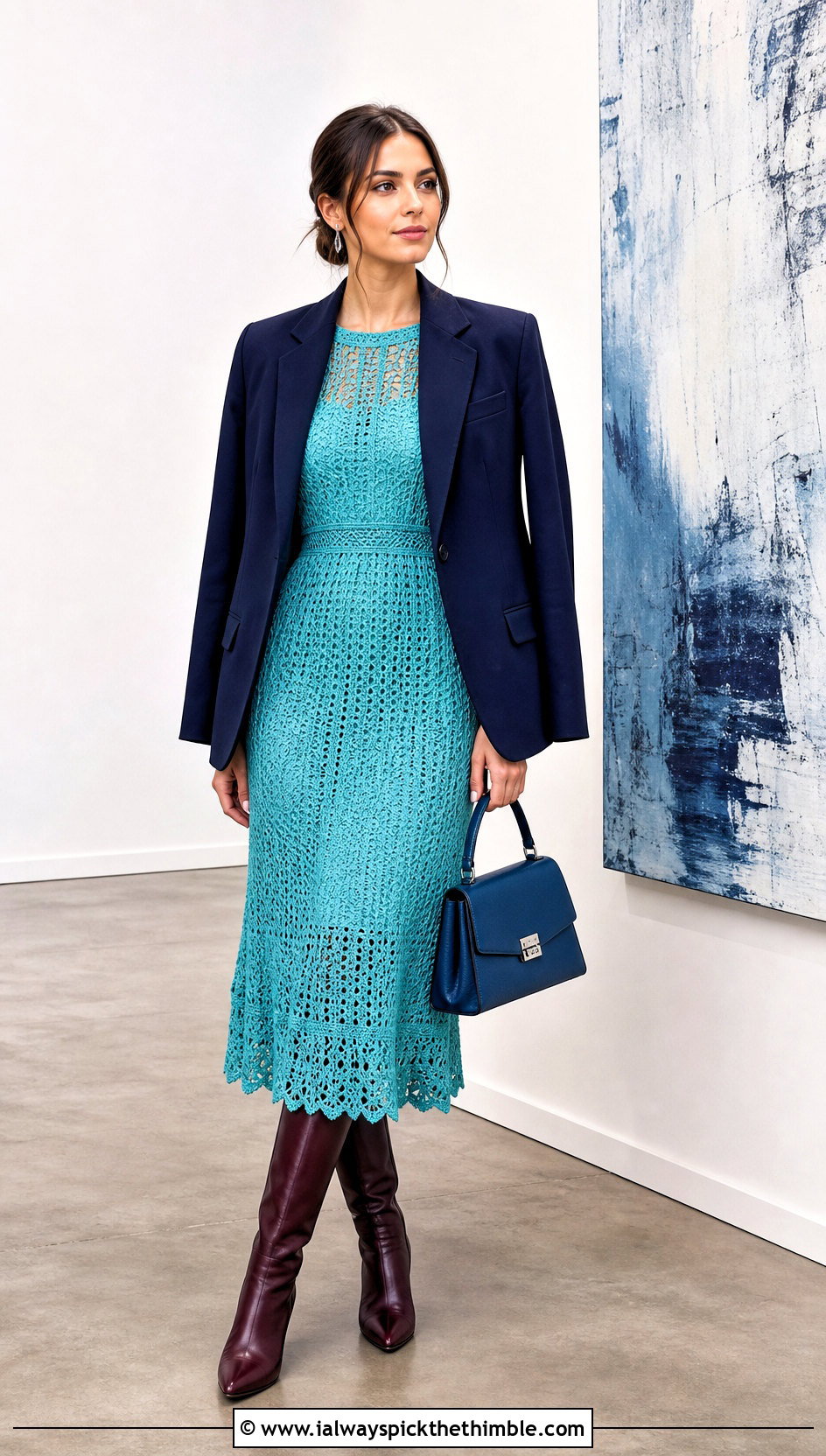 Crochet Midi Dress With Blazer And Knee High Boots - 25 fall crochet clothes and outfit ideas