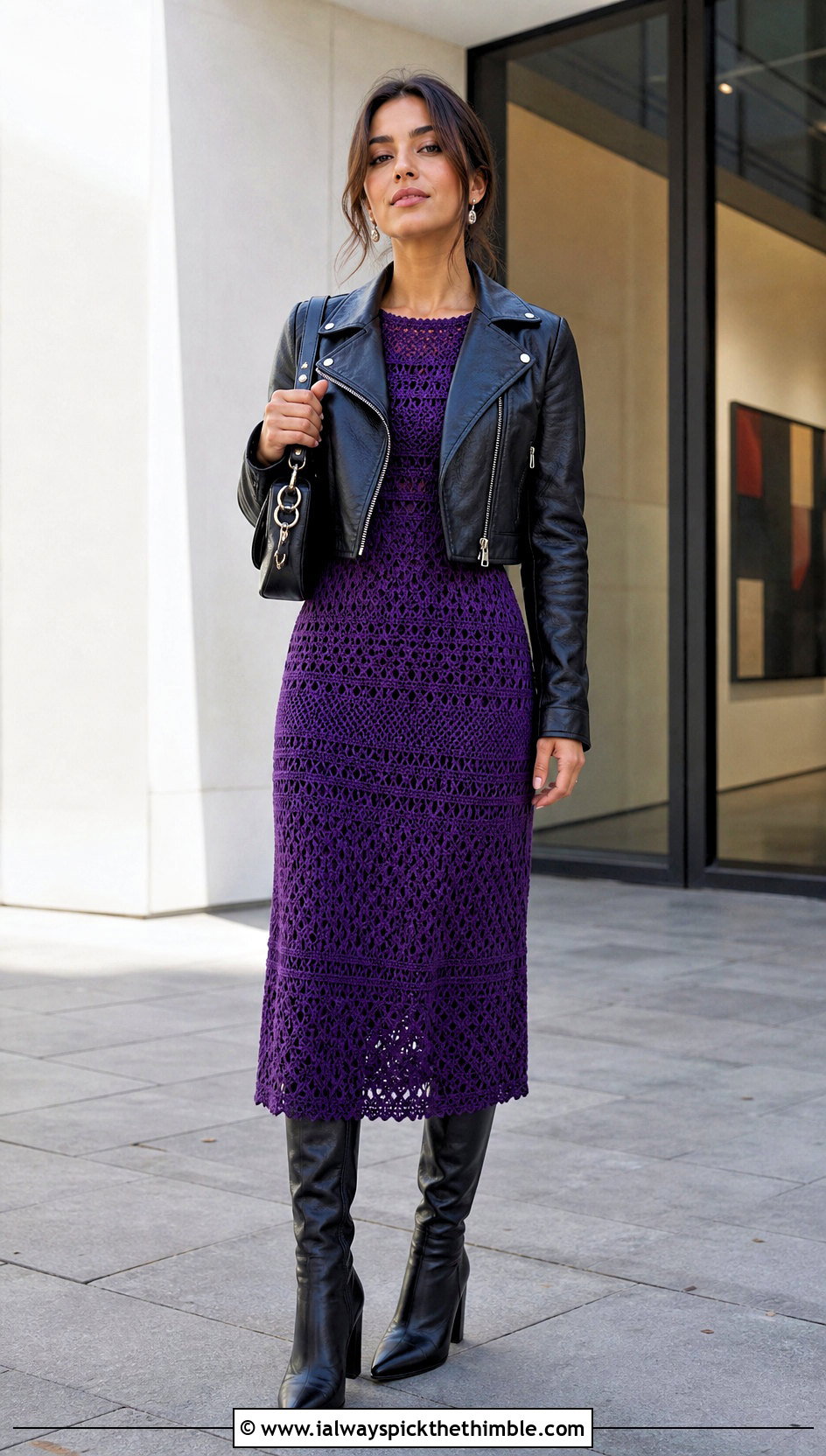 Crochet Midi Dress With Leather Jacket - 20 crochet fall outfits ideas