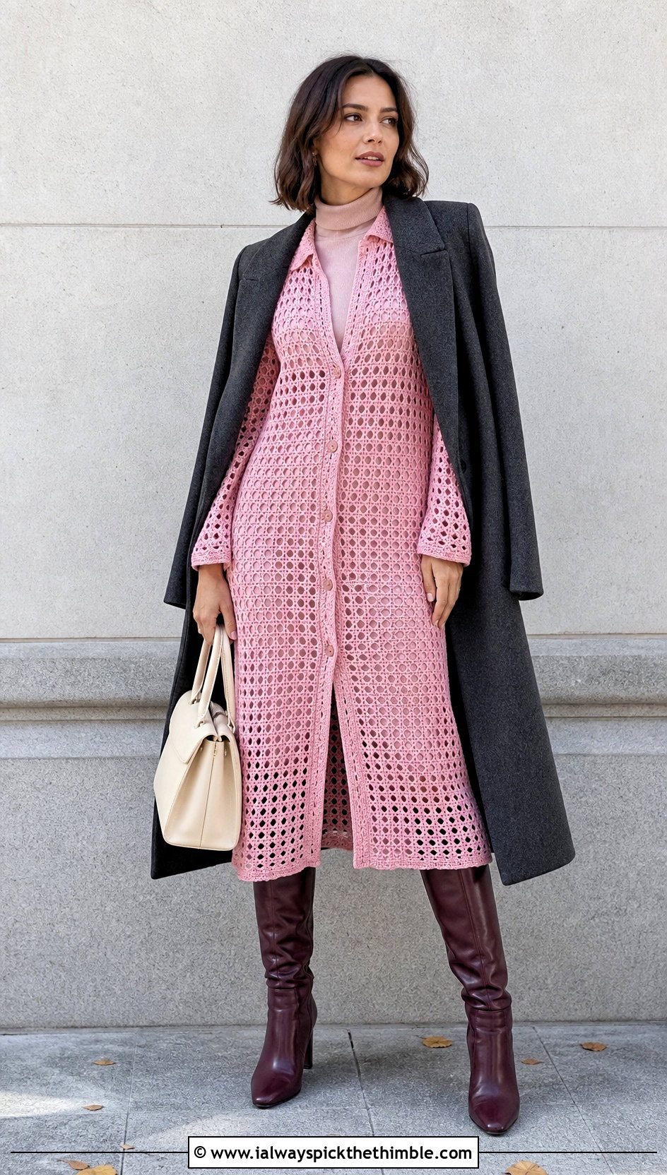 Crochet Midi Shirt Dress With Knee High Boots - 25 crochet shirt dress outfit ideas