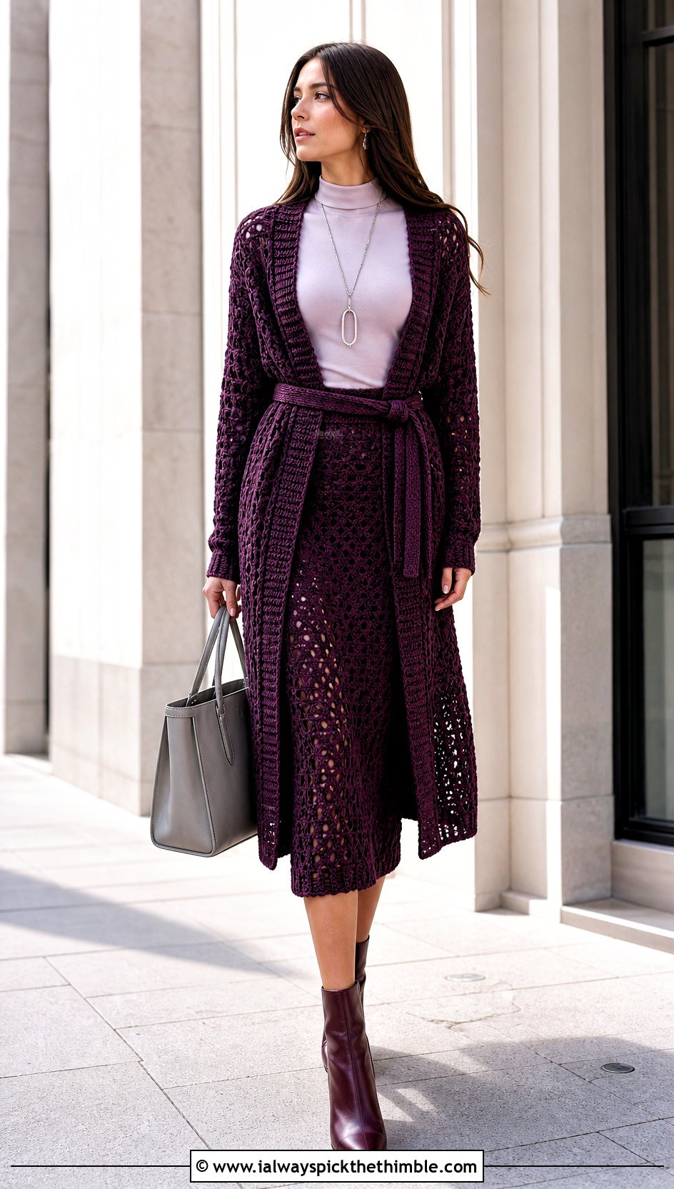 Crochet Midi Skirt And Long Cardigan Set With Ankle Boots - 20 Crochet Skirt And Cardigan Set outfit ideas