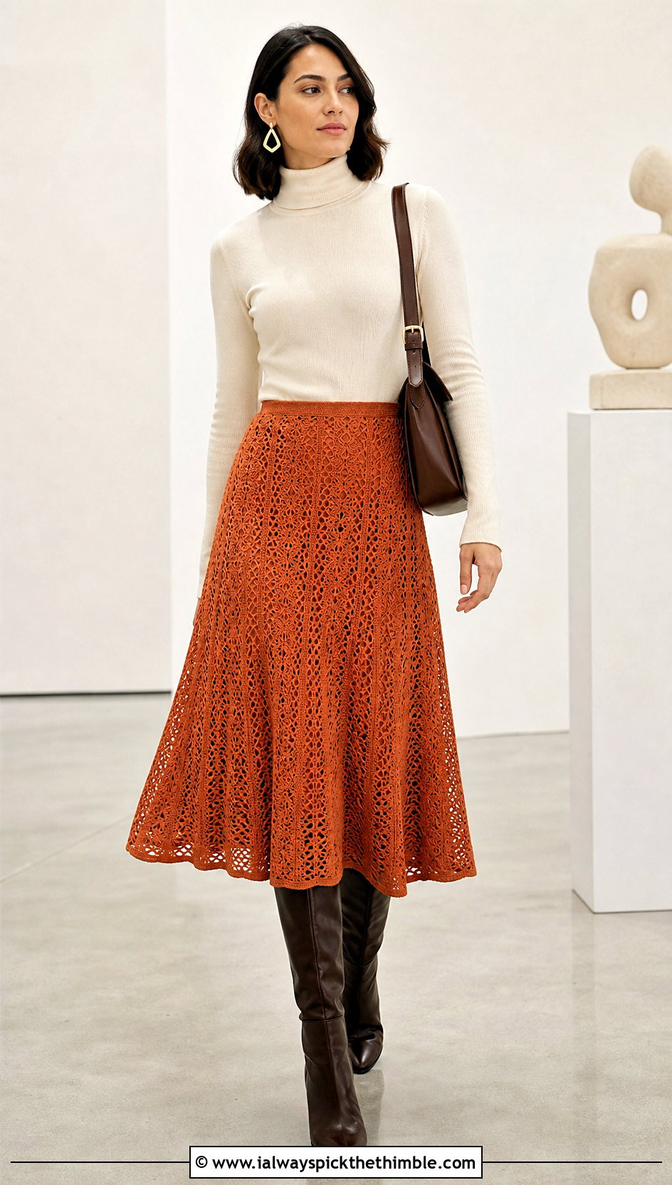 Crochet Midi Skirt With Fitted Turtleneck - 20 Crochet 90S Outfit ideas