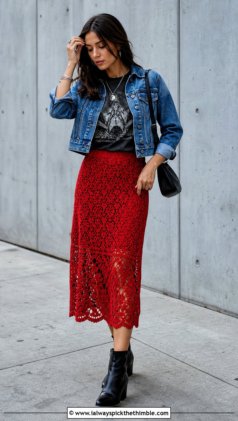 Crochet Midi Skirt With Graphic T Shirt And Boots - 20 Easy Clothes To Crochet For Beginners outfit ideas