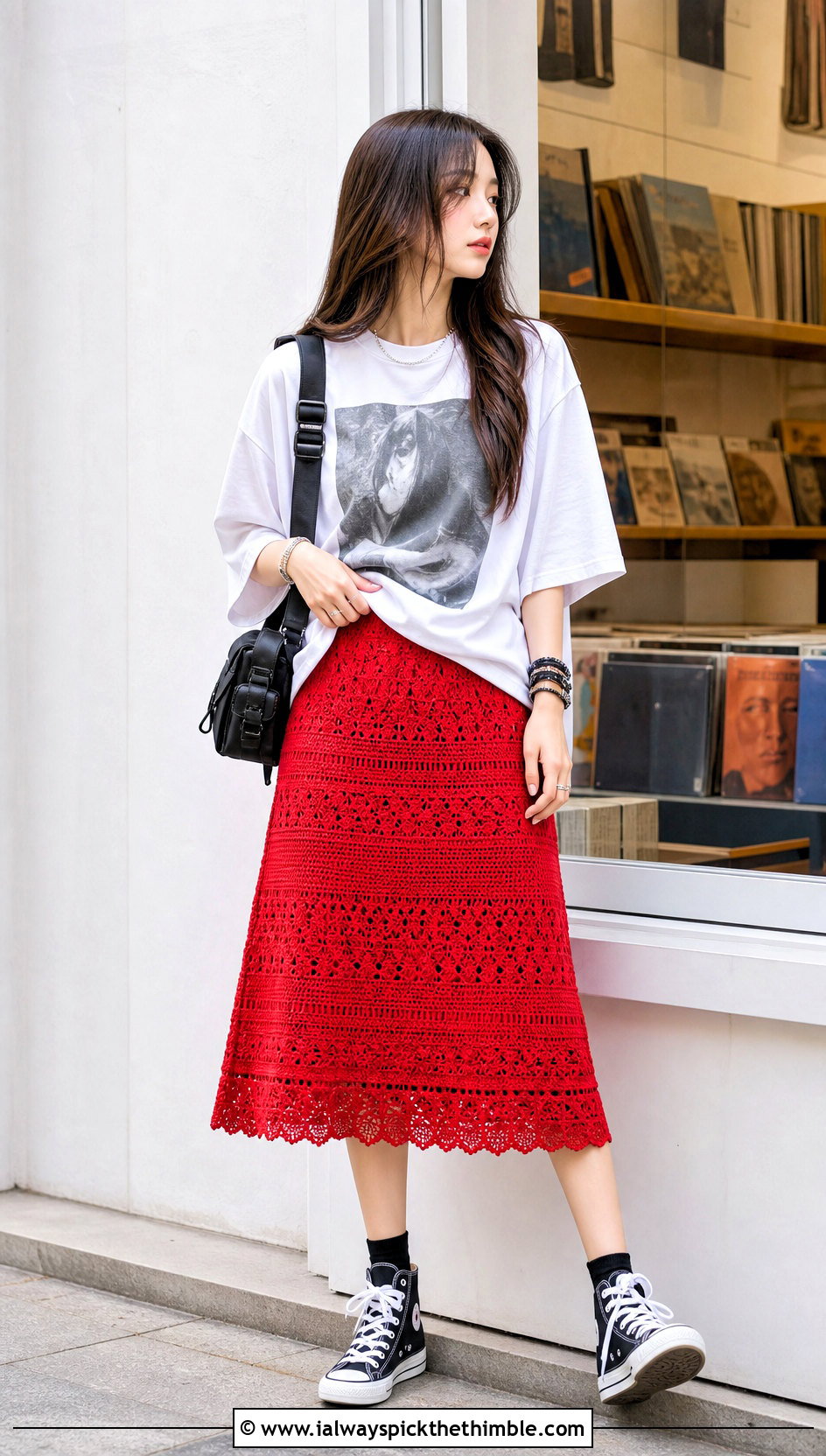 Crochet Midi Skirt With Graphic Tee And High Tops - 20 K Pop Crochet Clothes and outfit ideas