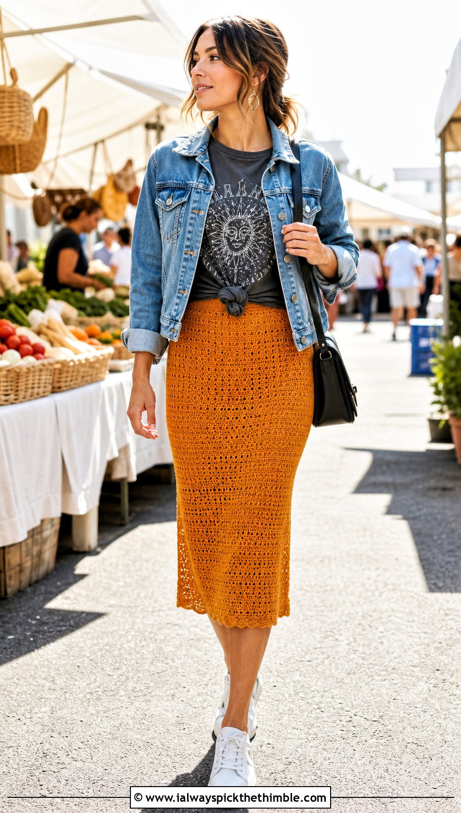Crochet Midi Skirt With Graphic Tee And Sneakers - 25 aesthetic crochet clothes and outfit ideas