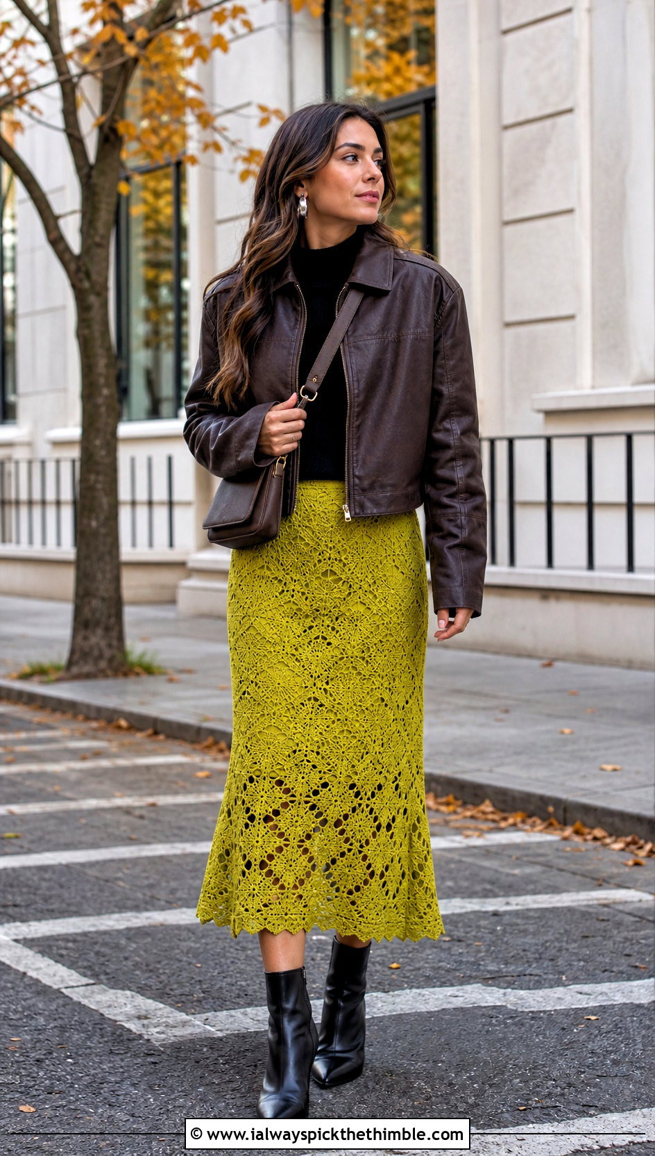 Crochet Midi Skirt With Mock Neck Top And Moto Jacket - 25 fall crochet clothes and outfit ideas