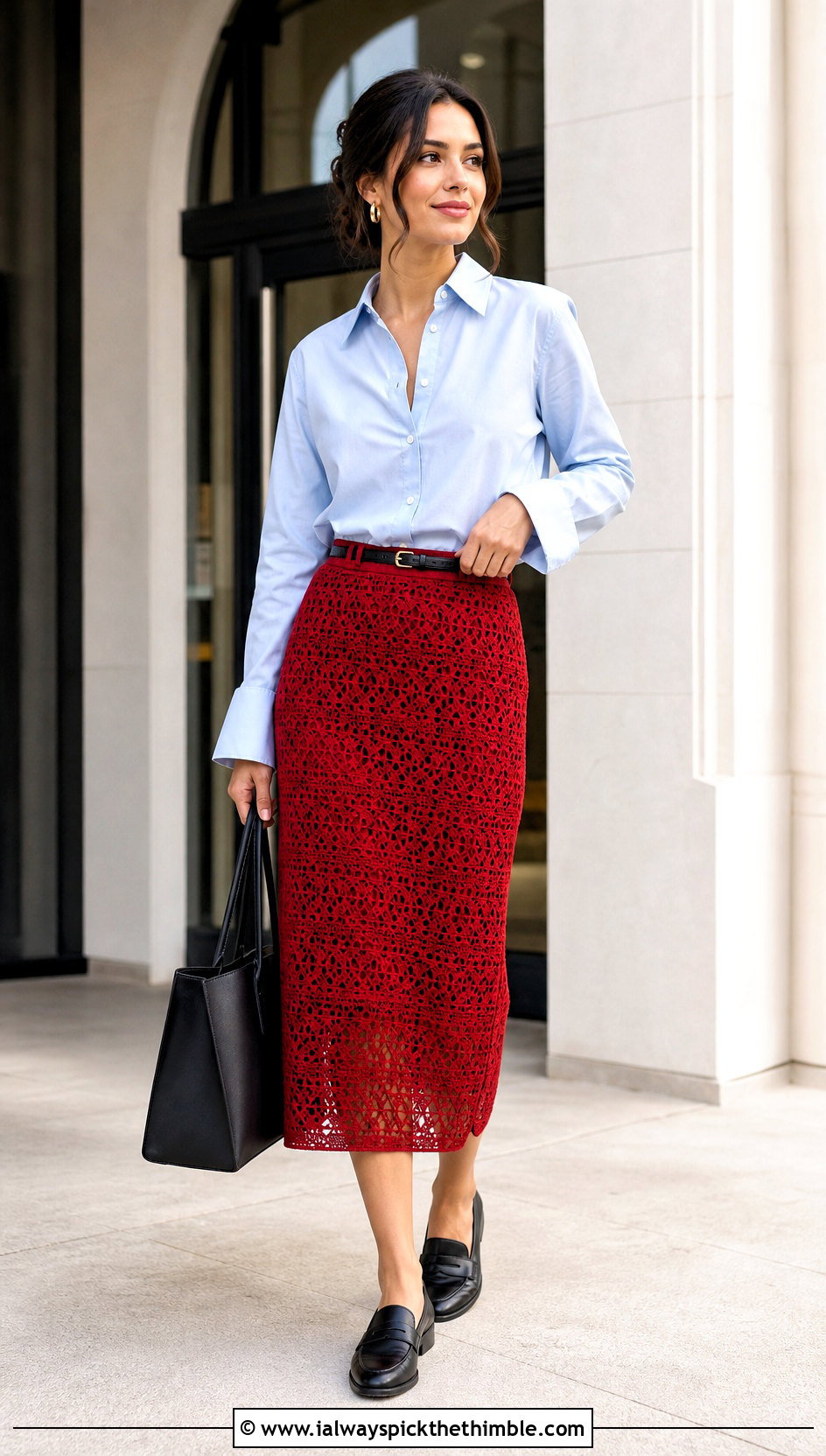 Crochet Midi Skirt With Poplin Shirt And Loafers - 20 Cute Things To Crochet Clothes and outfit ideas
