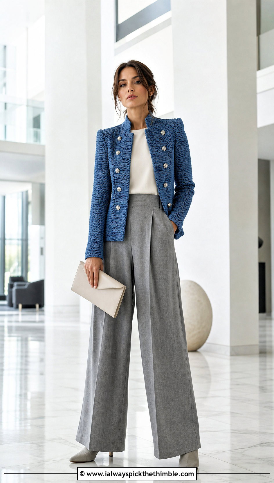 Crochet Military Jacket With Wide Leg Trousers - 20 crochet winter jacket outfit ideas