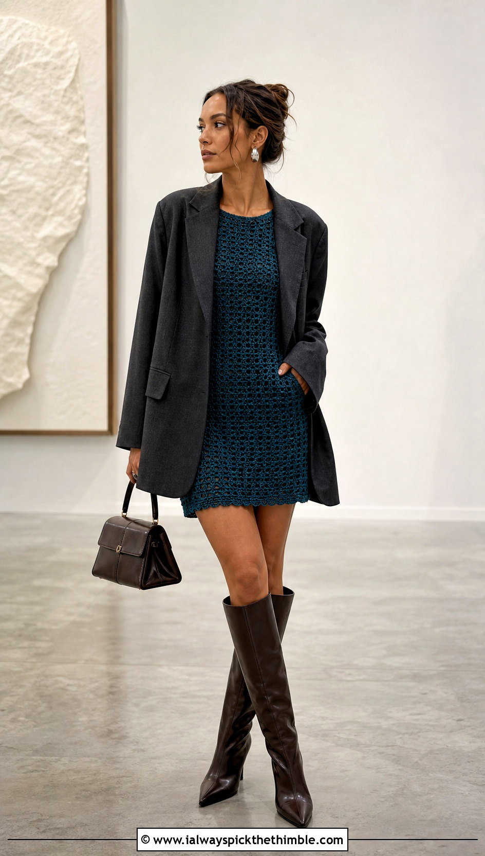 Crochet Mini Dress With Oversized Blazer - 20 boho crochet dress outfit ideas