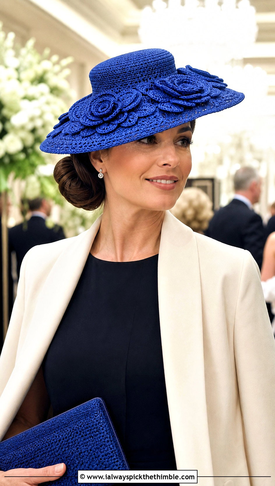 Crochet Mini Flower Brim Hat With Evening Dress - 25 Crochet Mini Hat outfit ideas