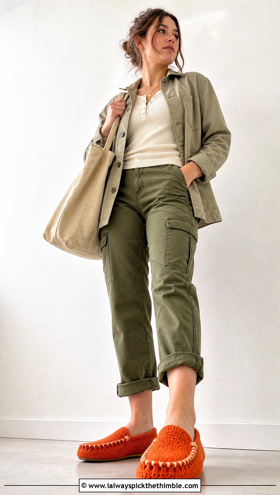 Crochet Moccasin Slippers With Cargo Pants And Henley Top - 25 crochet slipper outfit ideas