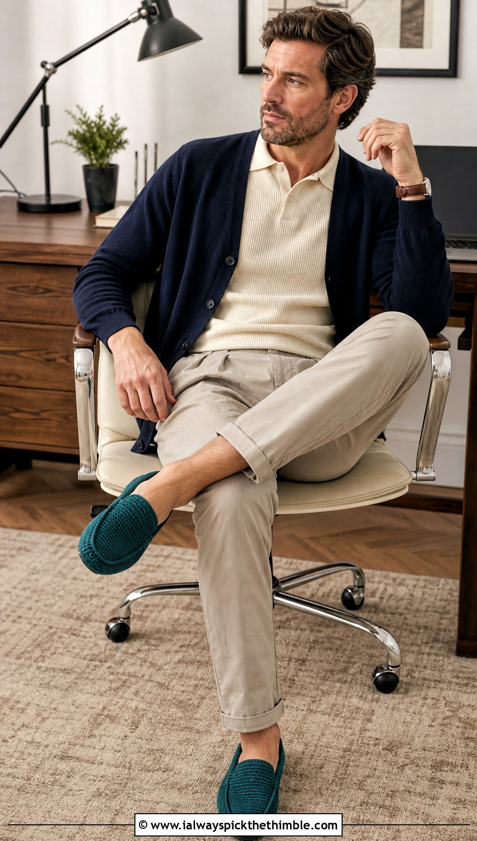 Crochet Moccasin Slippers With Chinos And Knit Polo - 20 crochet men's slippers outfit ideas