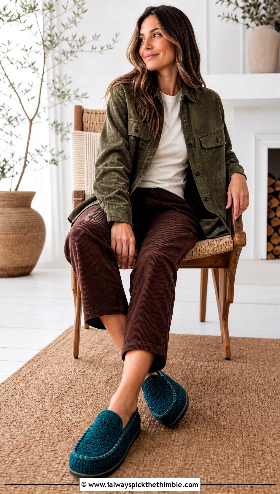 Crochet Moccasin Slippers With Corduroy Pants - 20 Quick Crochet Slippers outfit ideas