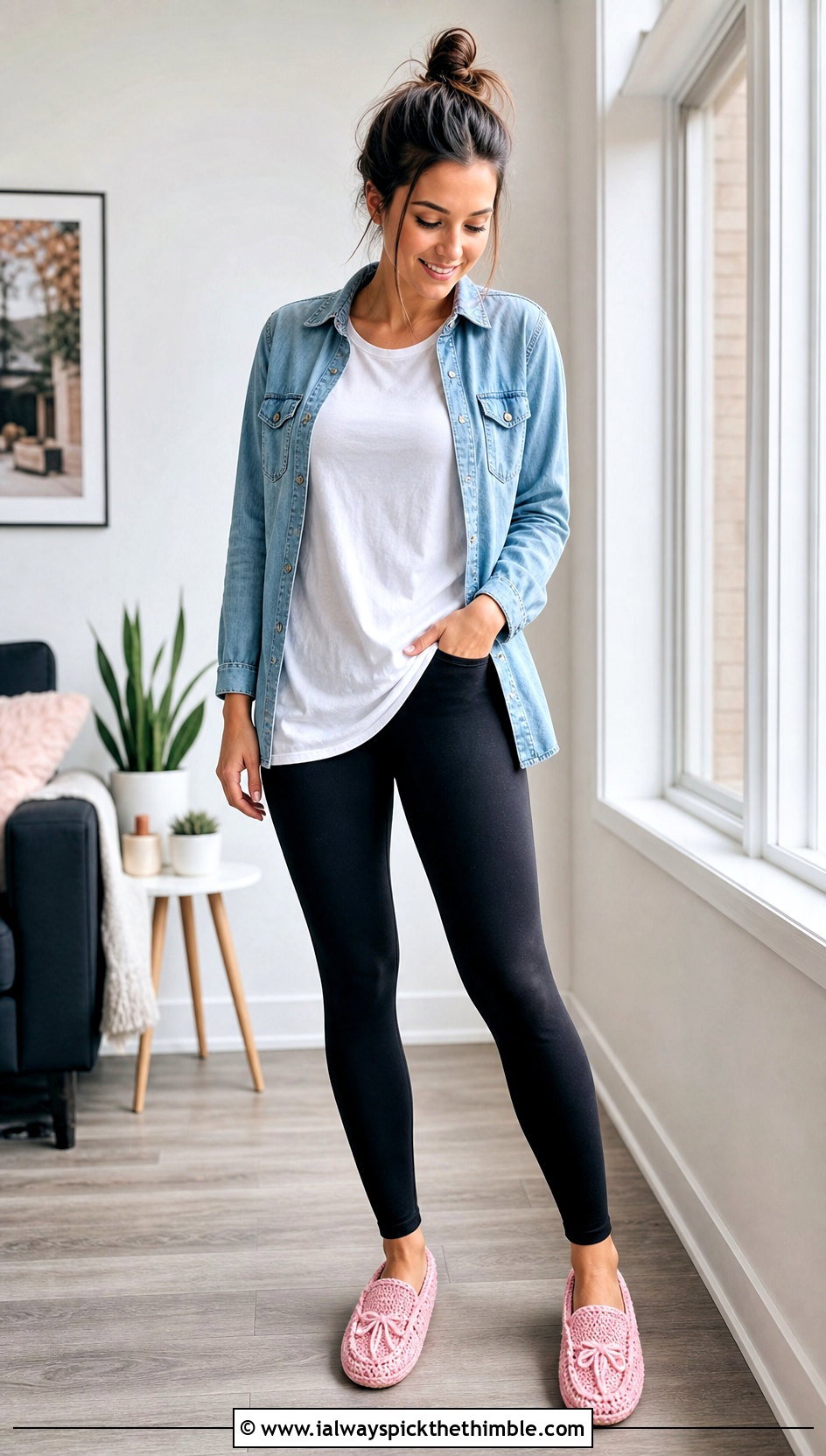 Crochet Moccasin Slippers With Denim Shirt And Leggings - 15 Easy Crochet House Slippers Stephanie Zed outfit ideas