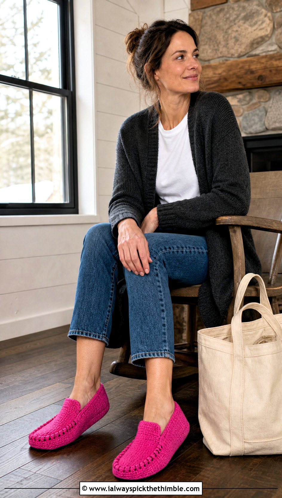Crochet Moccasin Slippers With Jeans And Cardigan - 25 easy crochet slippers adult outfit ideas