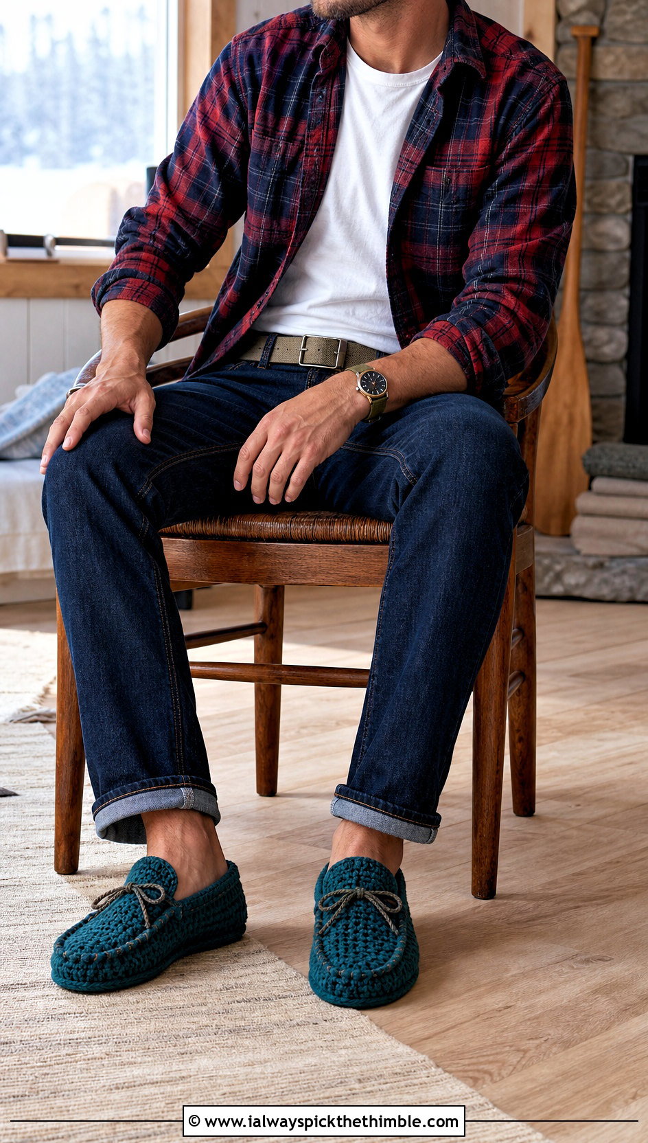 Crochet Moccasin Slippers With Jeans And Flannel Shirt - 20 crochet slippers for men outfit ideas