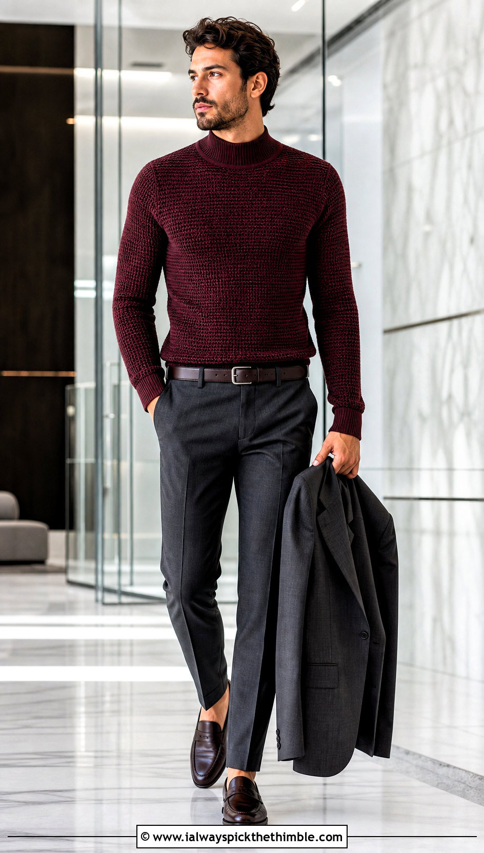 Crochet Mock Neck Mens Sweater With Suit Trousers - 25 mens crochet sweater outfit ideas