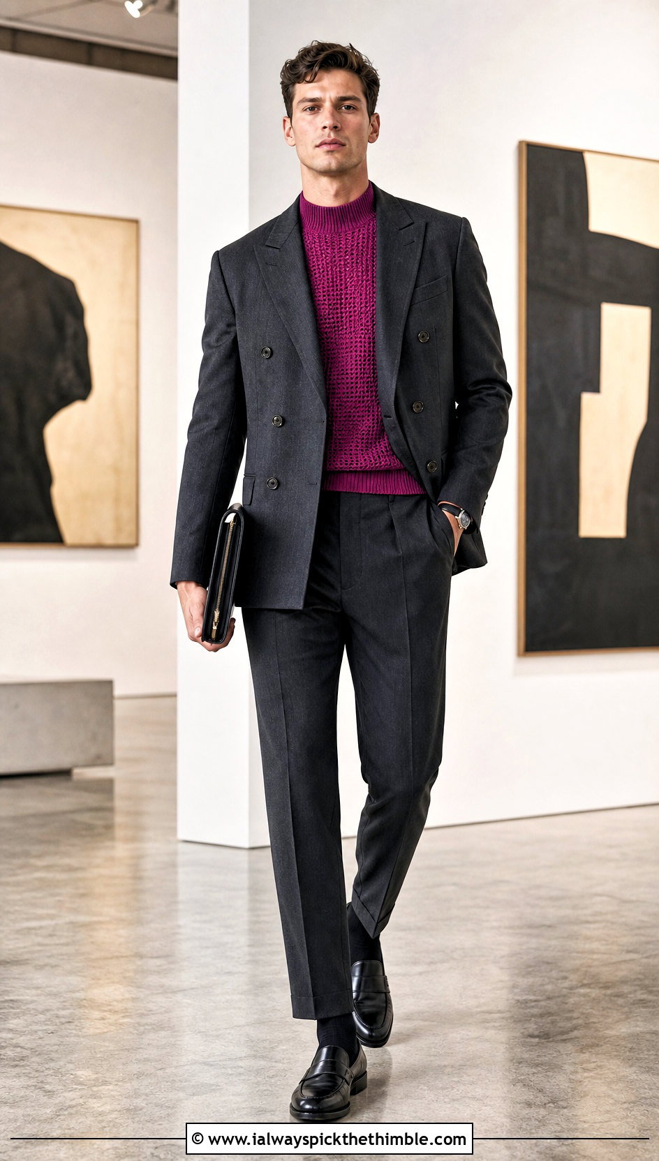 Crochet Mock Neck Sweater With Double Breasted Suit - 20 crochet sweater for man outfit ideas
