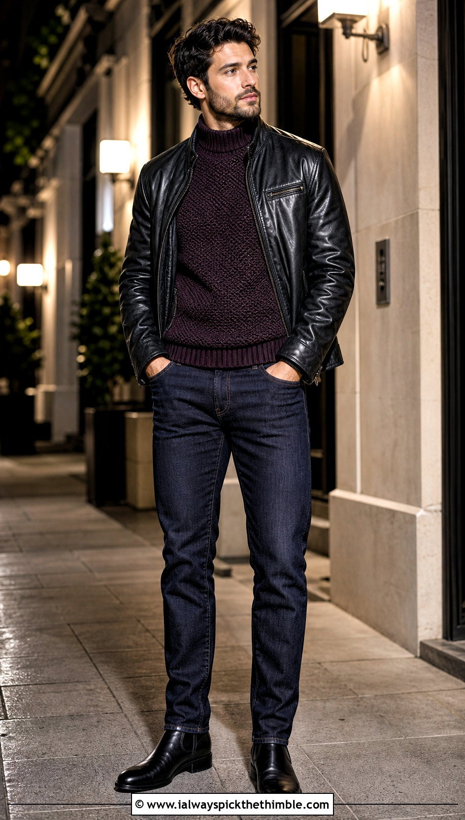 Crochet Mock Neck Sweater With Leather Jacket - 20 Crochet Men Clothing and outfit ideas