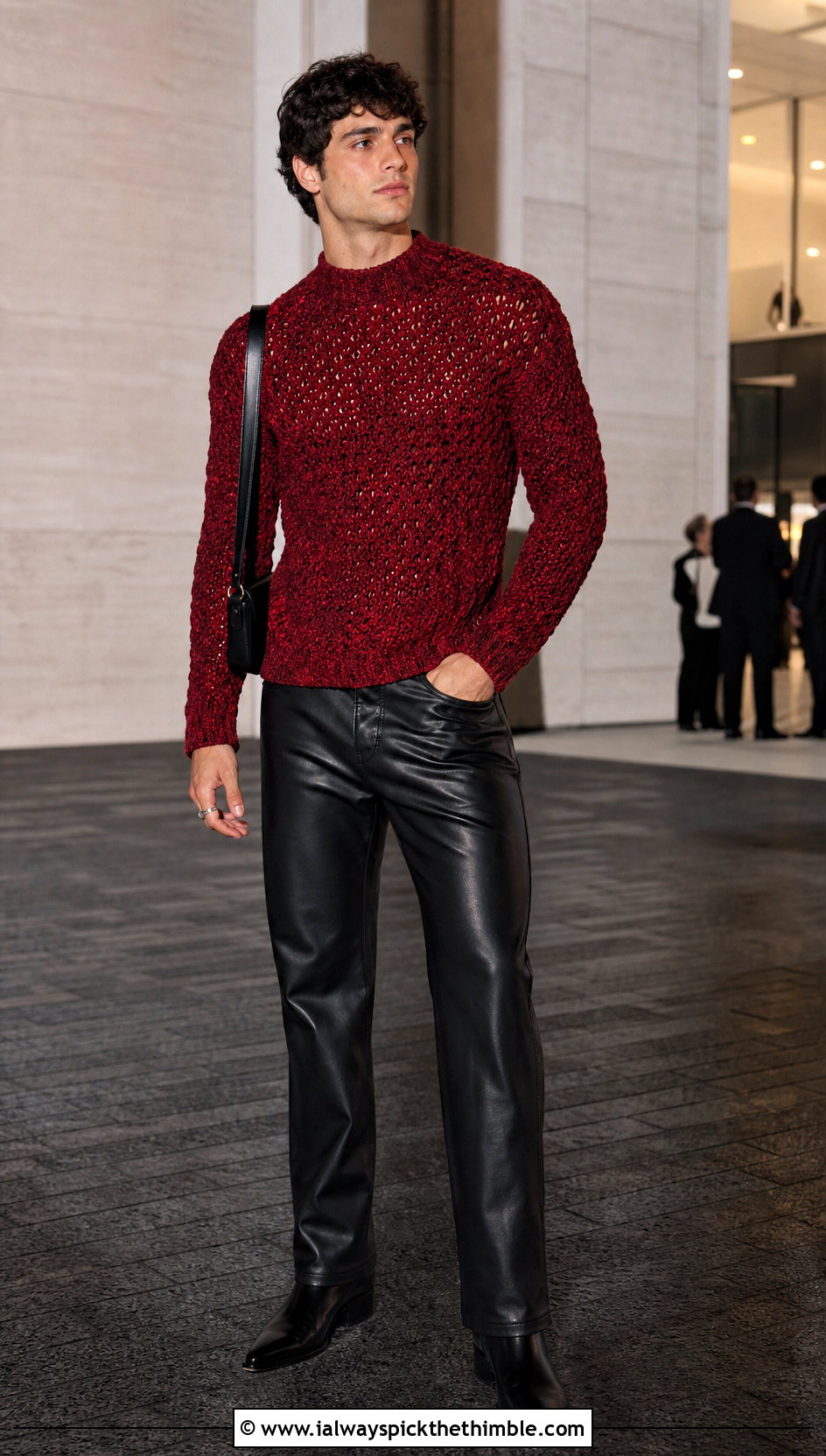 Crochet Mock Neck Sweater With Leather Pants - 25 crochet clothes for men outfit ideas