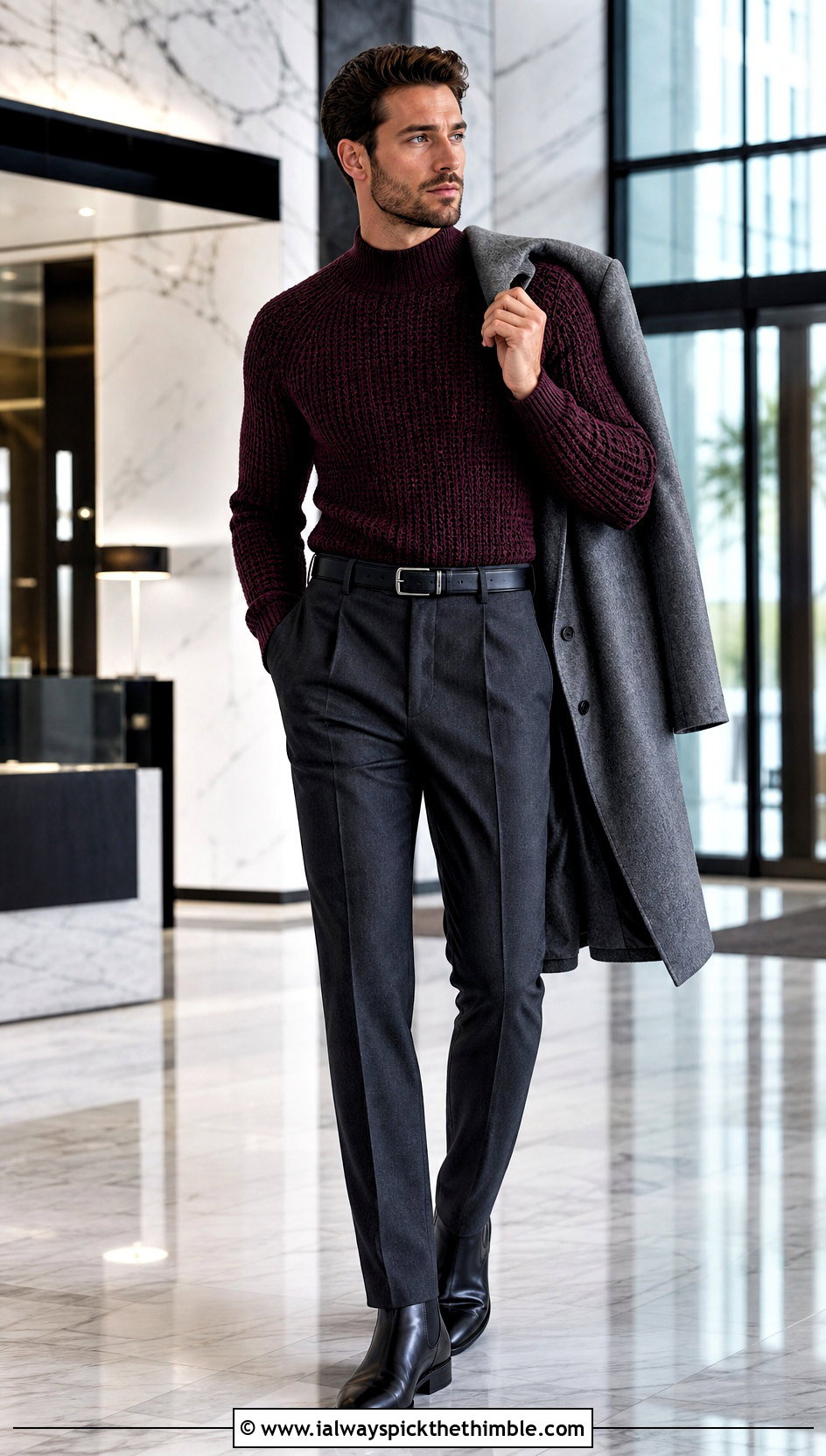 Crochet Mock Neck Sweater With Suit Trousers - 25 crochet outfits for men outfit ideas