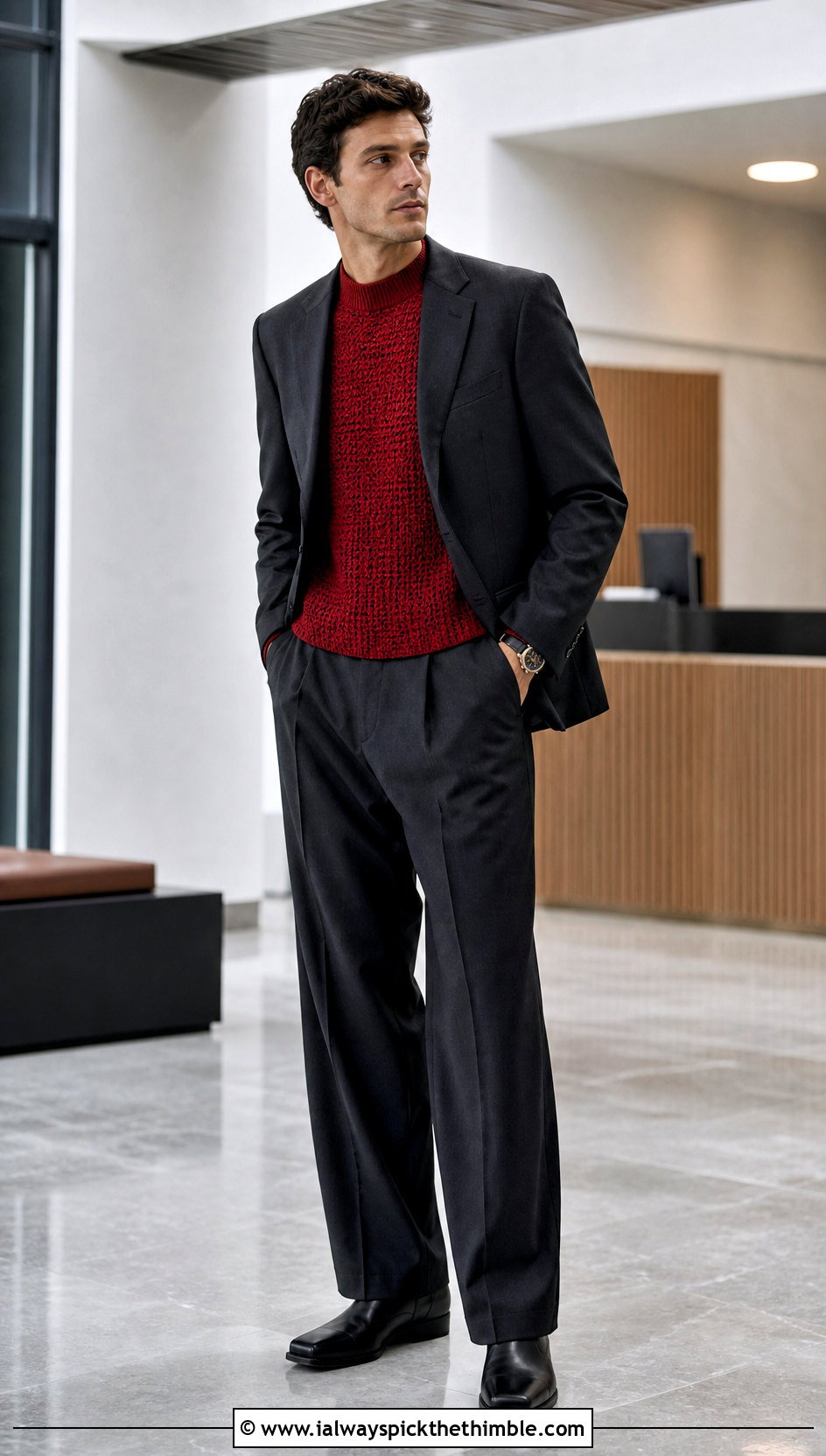 Crochet Mock Neck Sweater With Suit - 20 Mens Crochet Outfit ideas