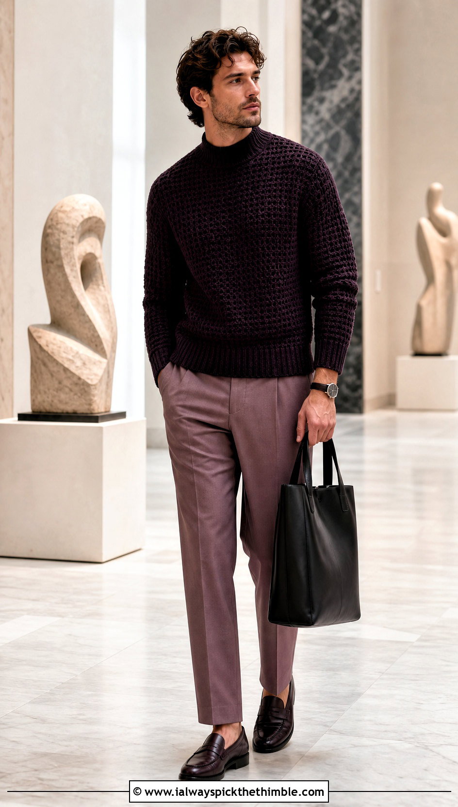 Crochet Mock Neck Sweater With Tonal Trousers - 25 men's crochet sweater ideas