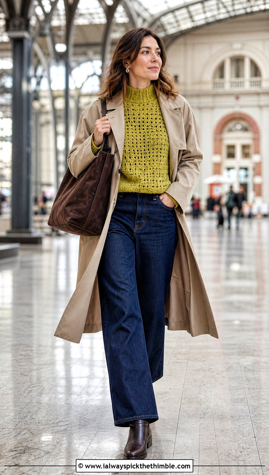 Crochet Mock Neck Sweater With Wide Leg Jeans And Trench Coat - 20 Crochet Thanksgiving Sweater outfit ideas