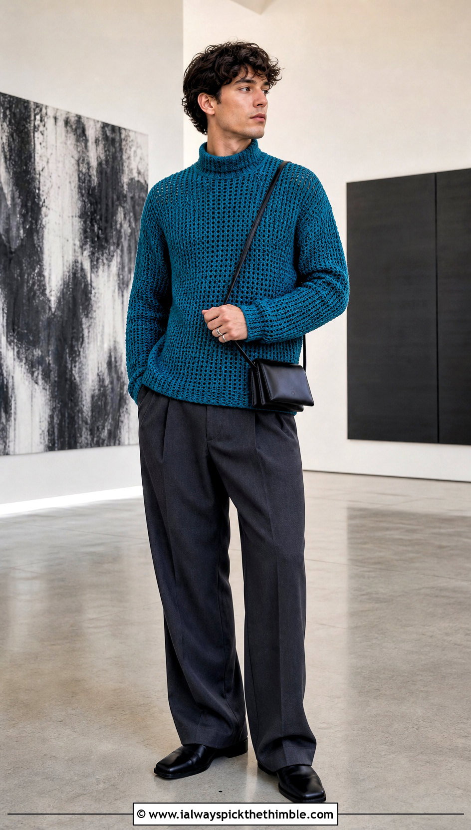 Crochet Mock Neck Sweater With Wide Leg Pants - 20 Mens Crochet Sweaters outfit ideas