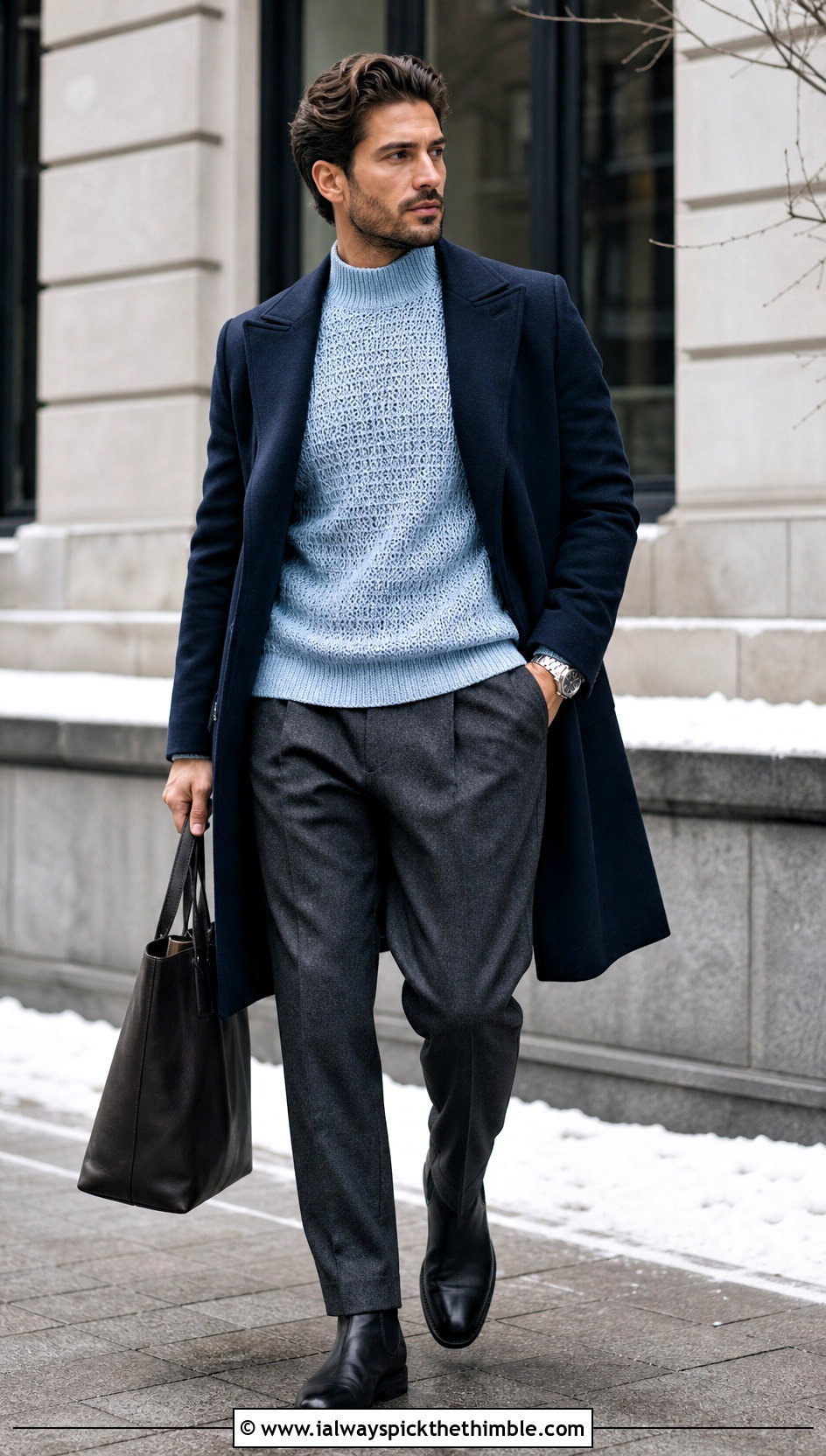 Crochet Mock Neck Sweater With Wool Trousers - 20 men crochet top outfit ideas