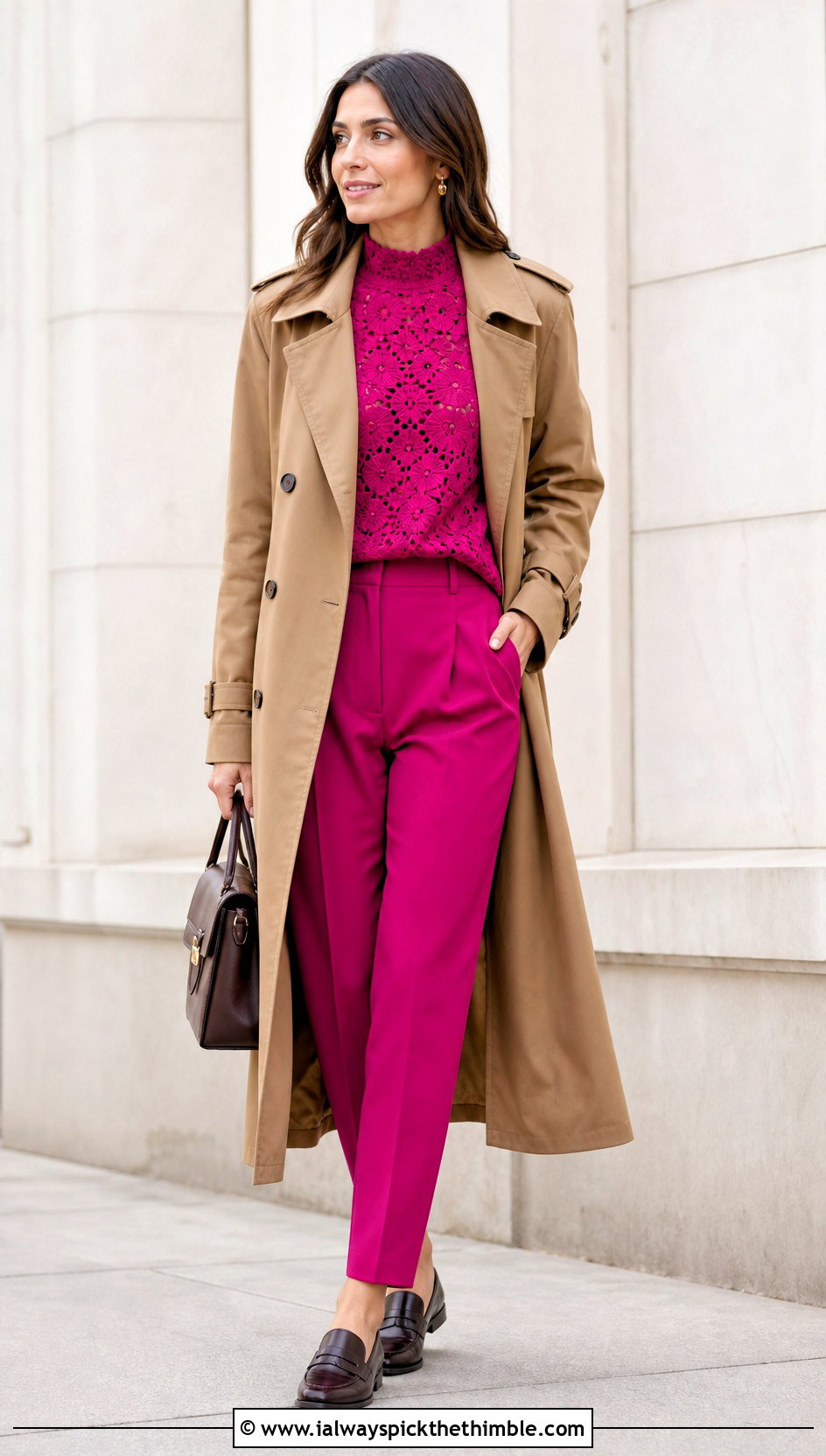 Crochet Mock Neck Top And Tapered Pants Set With Trench Coat - 20 crochet pants set outfit ideas