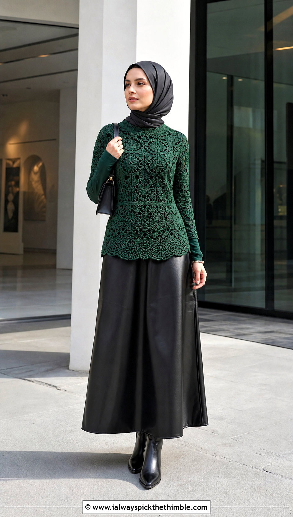 Crochet Mock Neck Top With Leather Maxi Skirt - 20 crochet top hijabi outfit ideas
