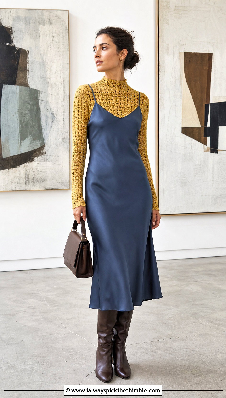 Crochet Mock Neck Top With Midi Slip Dress - 25 crochet ladies tops outfit ideas