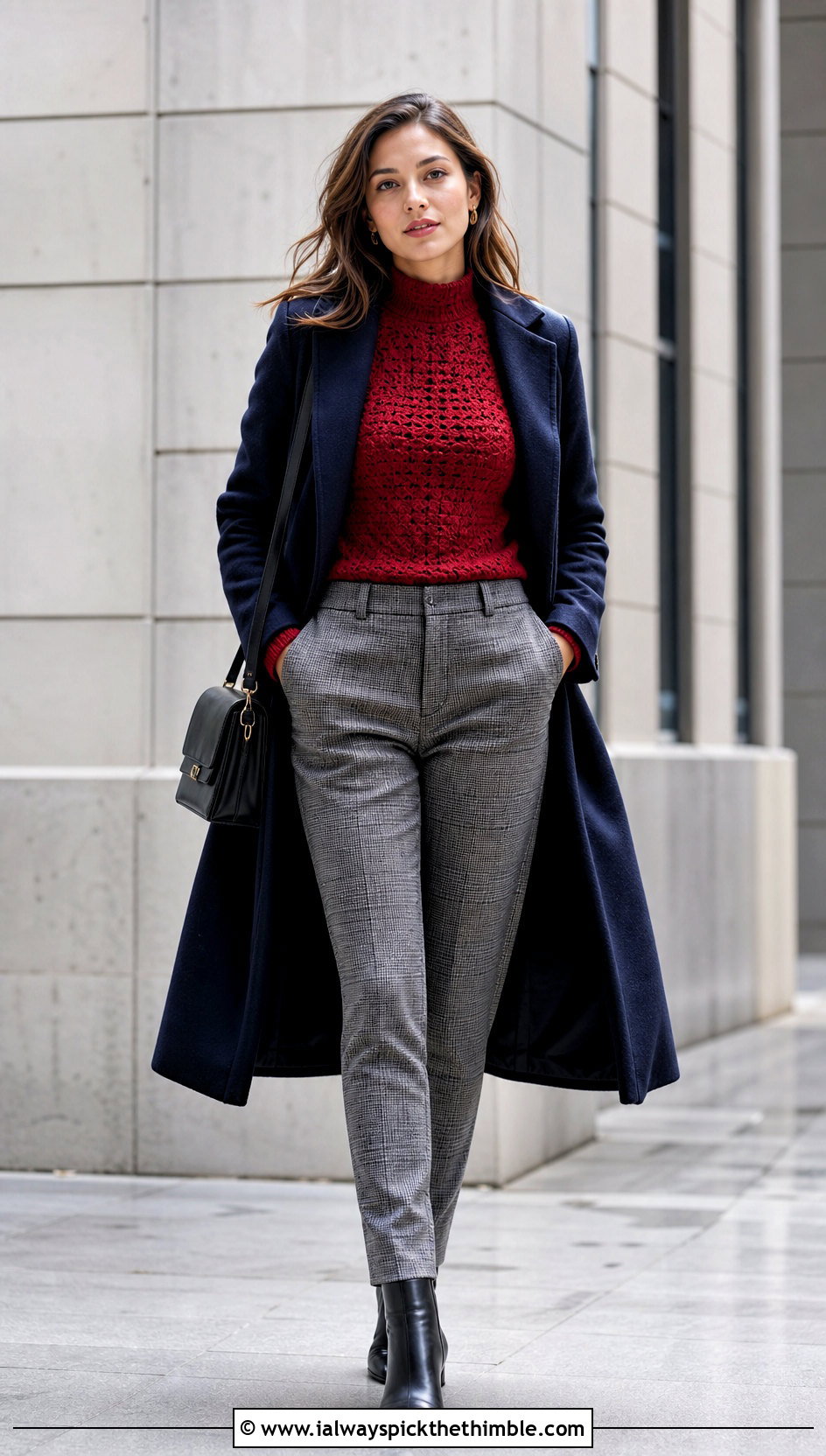 Crochet Mock Neck Top With Plaid Trousers And Coat - 20 Women's Crochet Tops outfit ideas