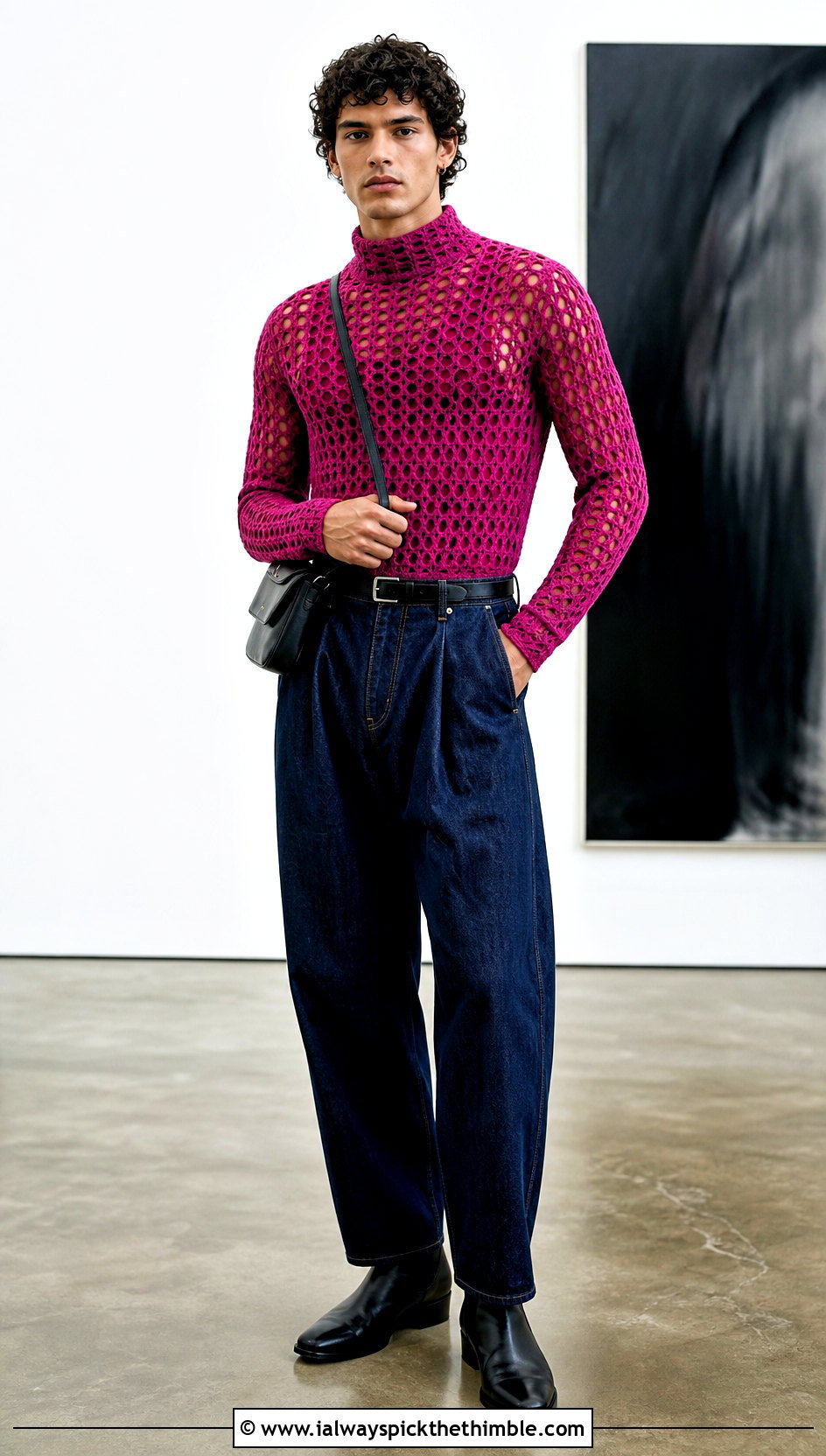 Crochet Mock Neck Top With Pleated Jeans - 25 Mens Crochet Top outfit ideas