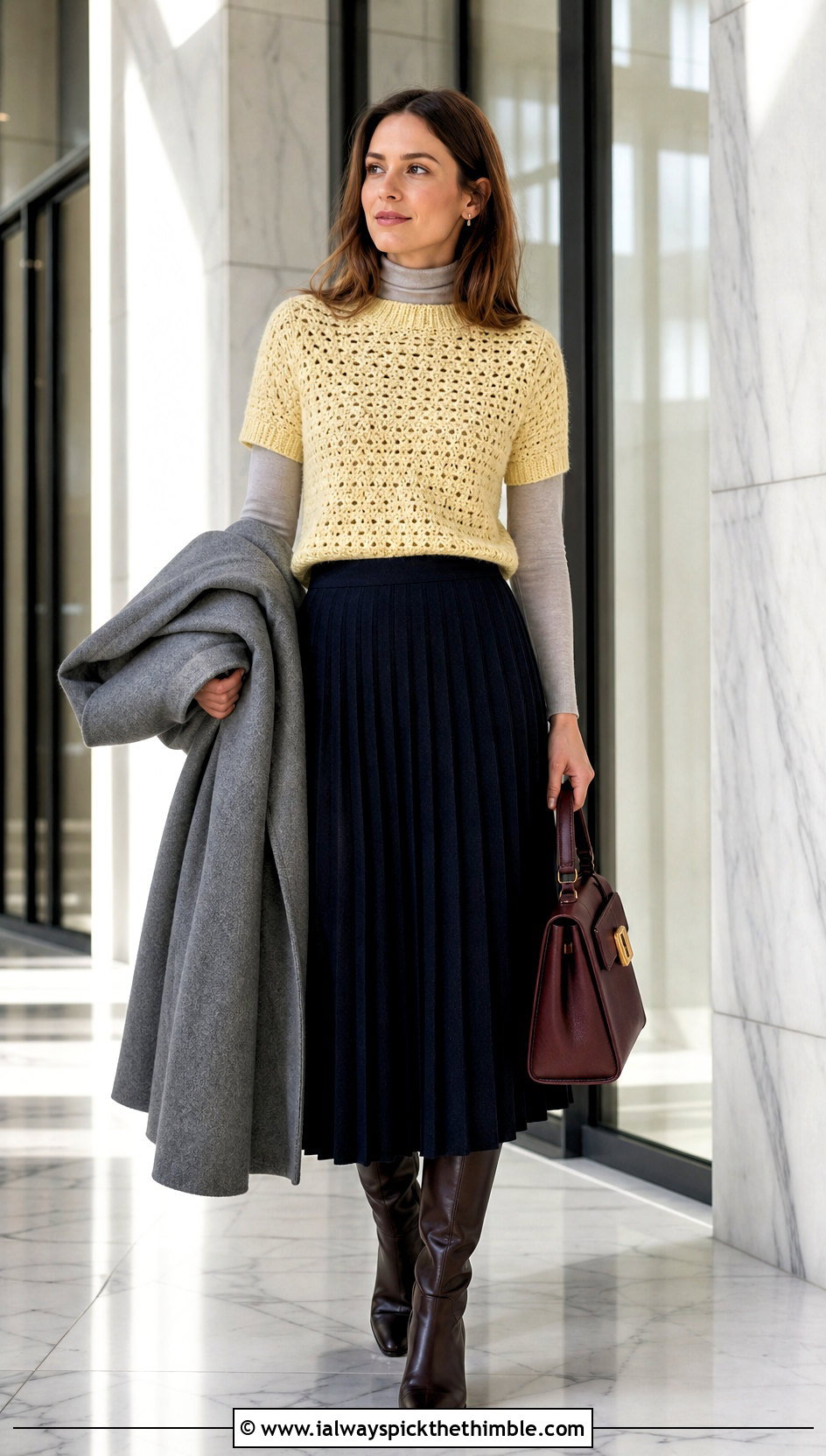 Crochet Mock Neck Top With Pleated Wool Skirt - 15 Crochet Lady Tops outfit ideas