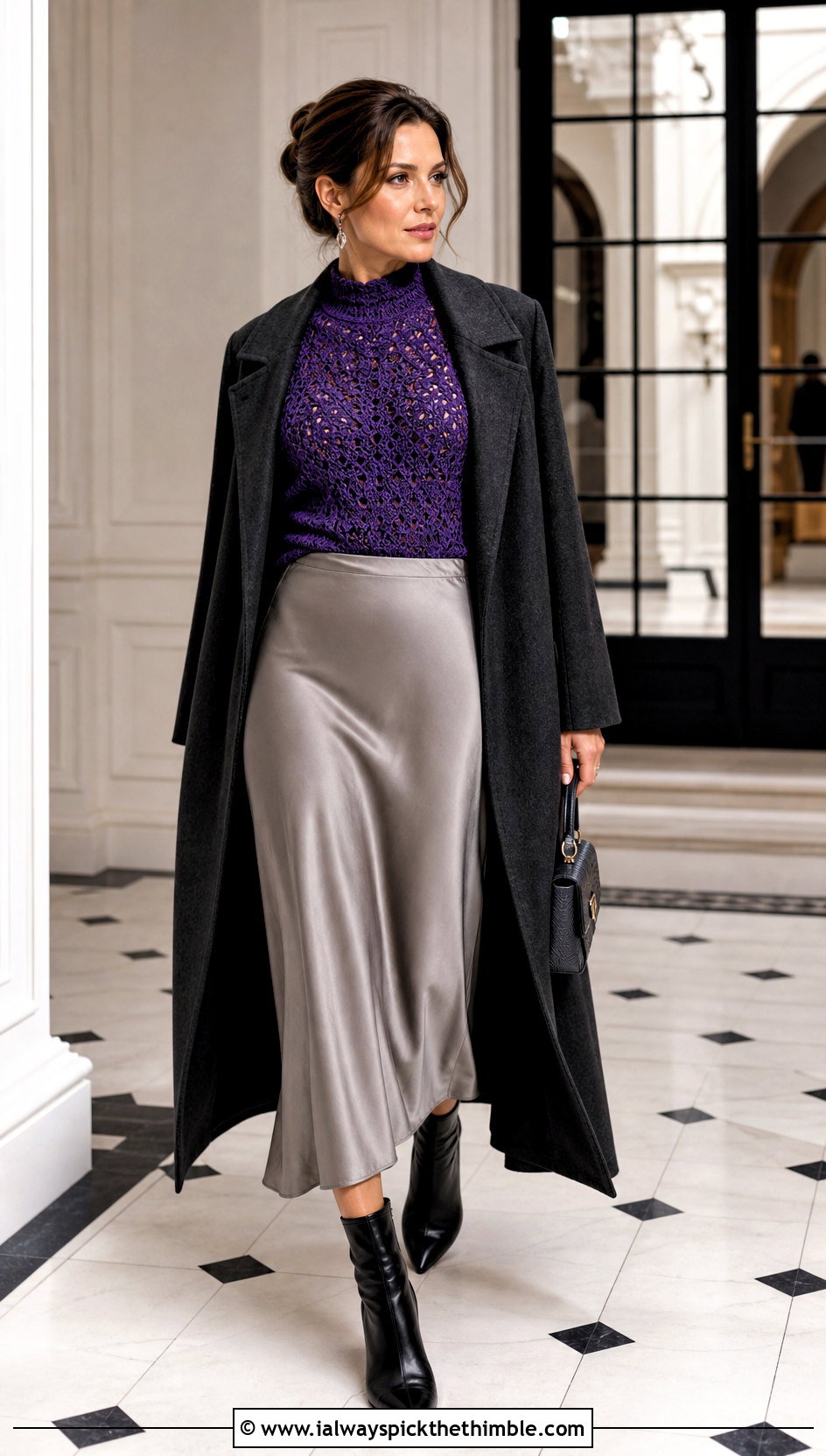 Crochet Mock Neck Top With Satin Skirt - 25 crochet fall top outfit ideas