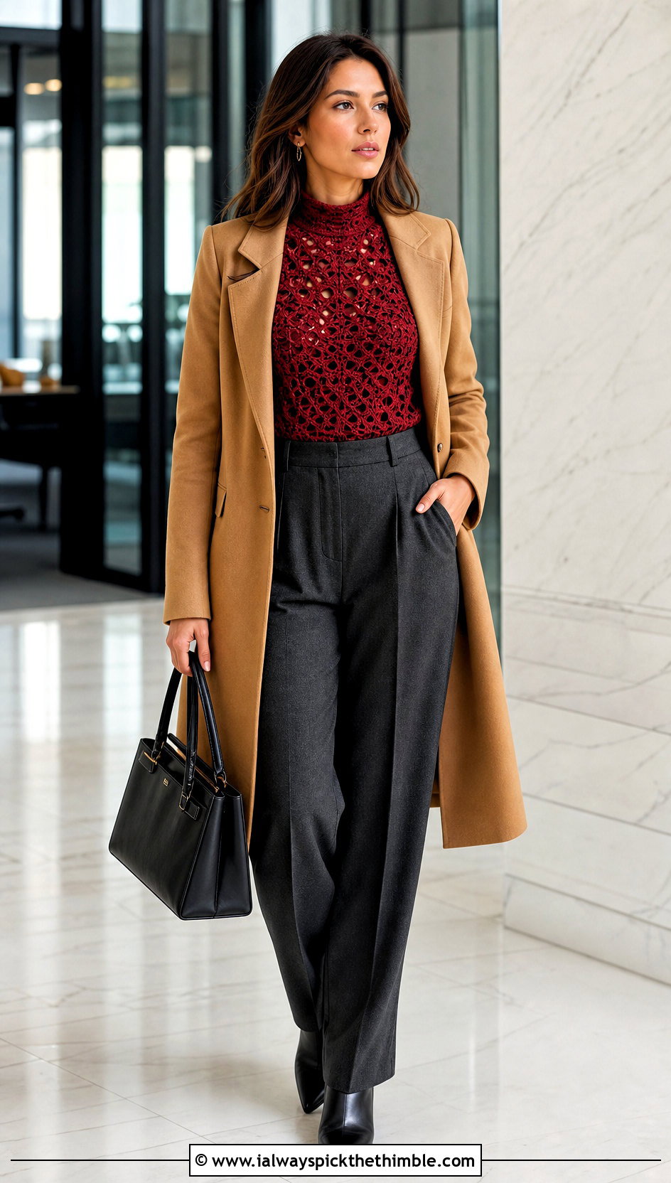 Crochet Mock Neck Top With Wool Trousers - 25 knitted crochet top outfit ideas