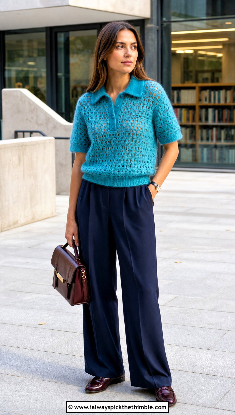 Crochet Mohair Polo Top With Pleated Trousers - 25 crochet mohair top outfit ideas