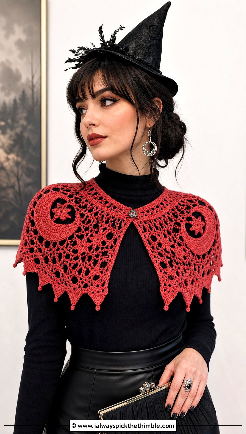 Crochet Moon Capelet With Leather Midi Skirt - 20 crochet witch costume outfit ideas