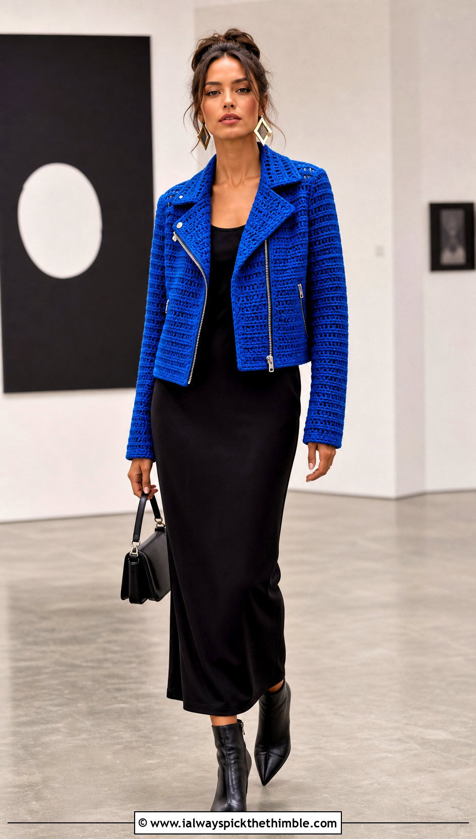 Crochet Moto Jacket With Black Column Dress - 15 crochet vest coats & jackets outfit ideas