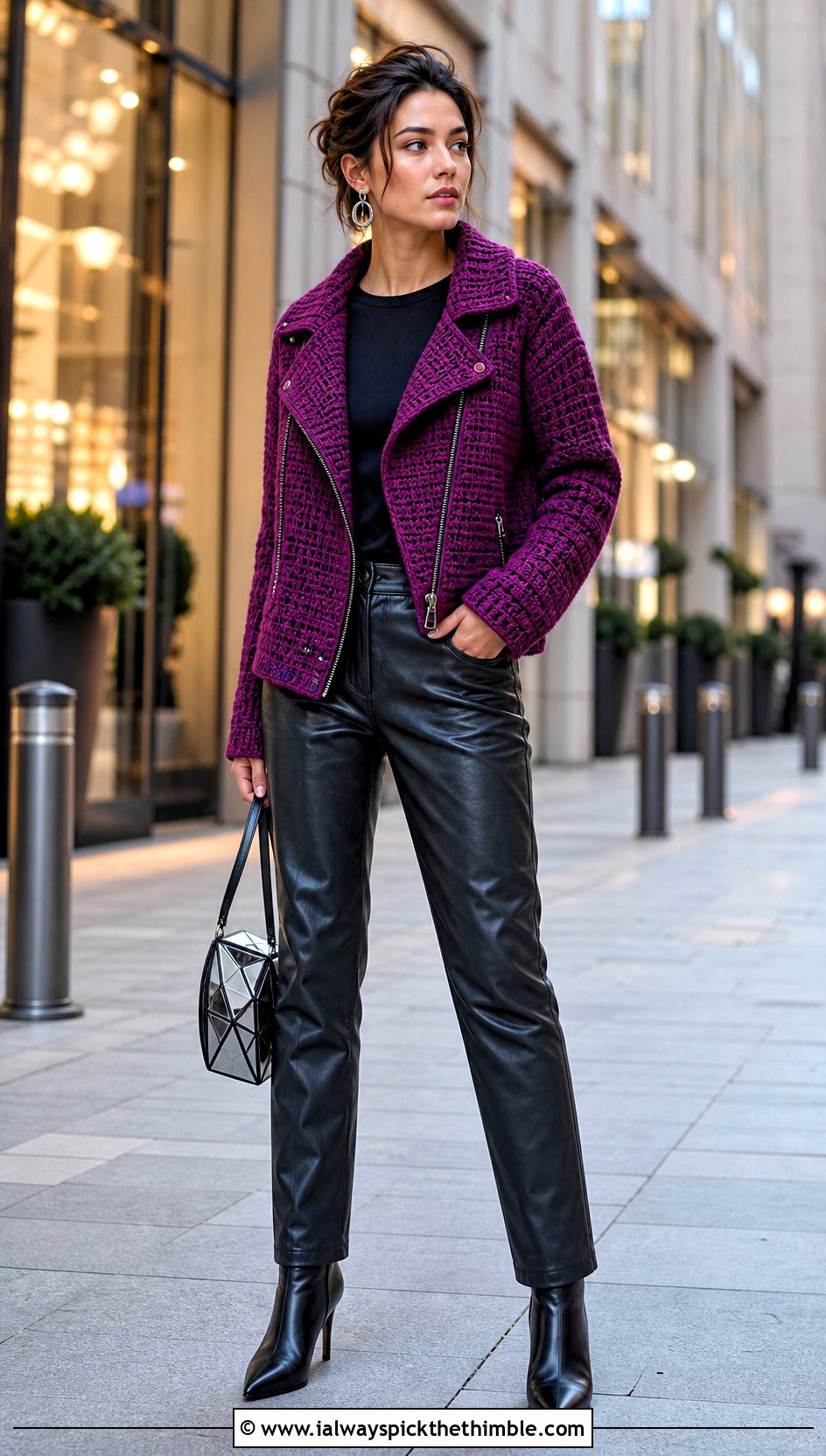 Crochet Moto Jacket With Leather Pants - 25 crochet coats & jackets outfit ideas